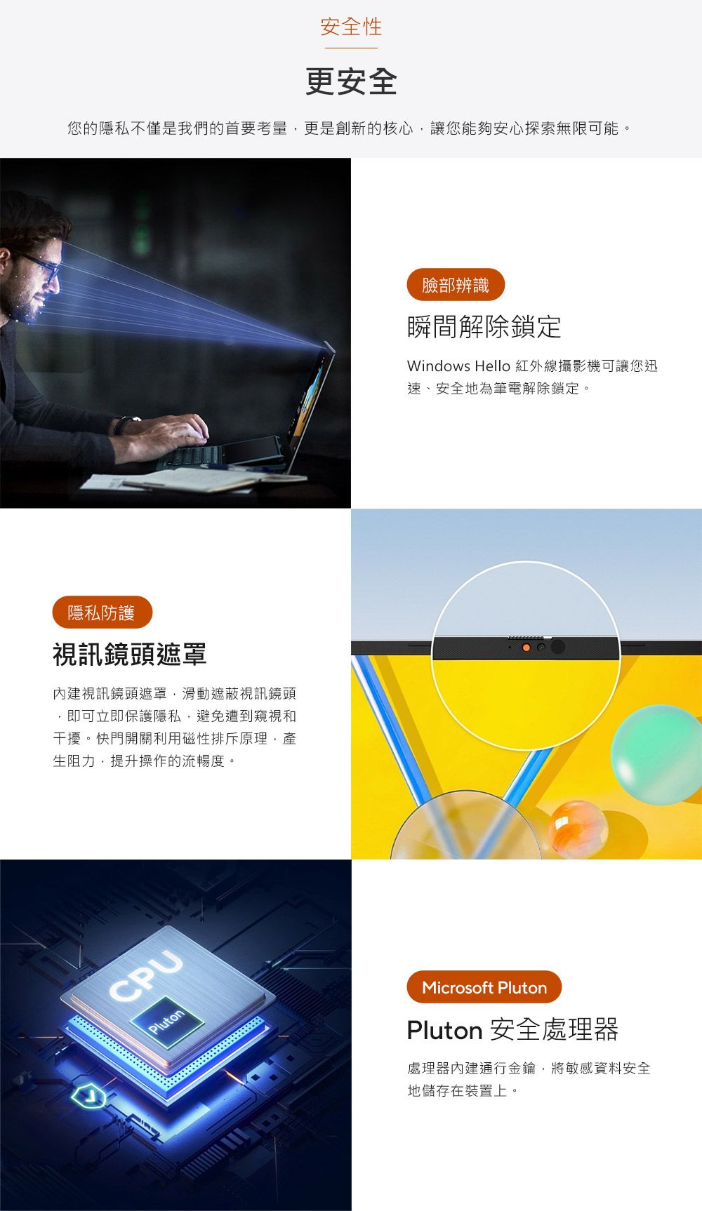 安全性更安全您的隱私不僅是我們的首要考量更是創新的核心,讓您能夠安心探索無限可能。隱私防護視訊鏡頭遮罩視訊鏡頭遮罩,滑動遮蔽視訊鏡頭,即可立即保護隱私,避免遭到窺視和干擾。快門開關利用磁性排斥原理,產生阻力,提升操作的流暢度。CPUPluton臉部辨識瞬間解除鎖定Windows Hello 紅外線攝影機可讓您迅速、安全地為筆電解除鎖定。Microsoft PlutonPluton 安全處理器處理器內建通行金鑰,將敏感資料安全地儲存在裝置上。