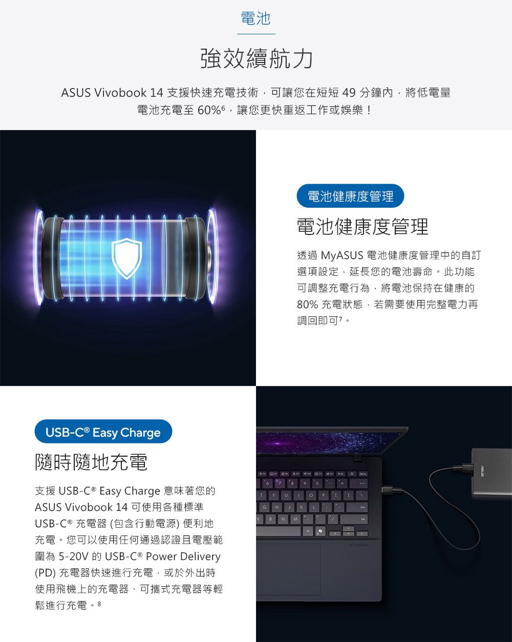 電池強效續航力ASS Vivobook 14 支援快速充電技術,可讓您在短短49分鐘內,將低電量電池充電至6%,讓您更快重返工作或娛樂!USB-C  Easy Charge隨時隨地充電支援 USB-C ® Easy Charge 意味著您的ASUS Vivobook 14 可使用各種標準USB-C ® 充電器 (包含行動電源) 便利地充電您可以使用任何通過認證且電壓範圍為5-20V的USB-C ® Power Delivery(PD) 充電器快速進行充電,或於外出時使用飛機上的充電器、可攜式充電器等輕鬆進行充電。 8電池健康度管理電池健康度管理透過 MyASUS 電池健康度管理中的自訂選項設定,延長您的電池壽命。此功能可調整充電行為,將電池保持在健康的80% 充電狀態,若需要使用完整電力再調回即可。09UG  BN M