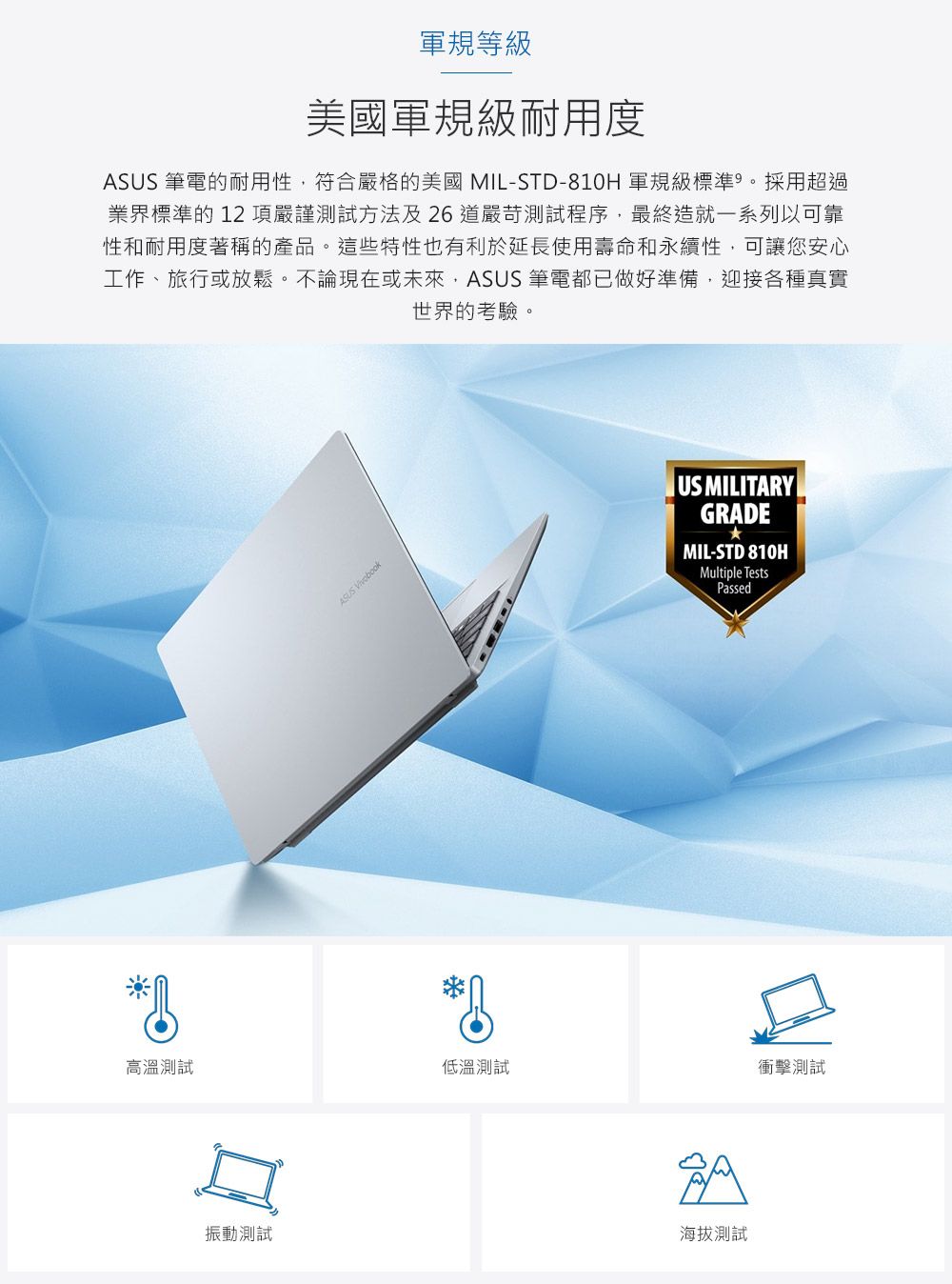 軍規等級美國軍規級耐用度ASUS 筆電的耐用性符合嚴格的美國MIL-STD-810H 軍規級標準。採用超過業界標準的 12 項嚴謹測試方法及26道嚴苛測試程序,最終造就一系列以可靠性和耐用度著稱的產品。這些特性也有利於延長使用壽命和永續性,可讓您安心工作、旅行或放鬆。不論現在或未來,ASUS 筆電都已做好準備,迎接各種真實世界的考驗。ASUS VivobookUS MILITARYGRADEMIL-STD 810HMultiple TestsPassed高溫測試低溫測試衝擊測試振動測試海拔測試