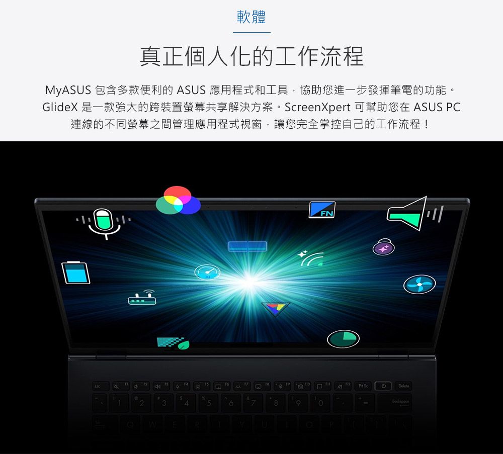 軟體真正個人化的工作流程MySUS 包含多款便利的 ASUS 應用程式和工具協助您進一步發揮筆電的功能。GlideX 是一款強大的跨裝置螢幕共享解決方案。 reenXpert 可幫助您在 ASUS P連線的不同螢幕之間管理應用程式視窗,讓您完全掌控自己的工作流程!A17C345678UFN Sc