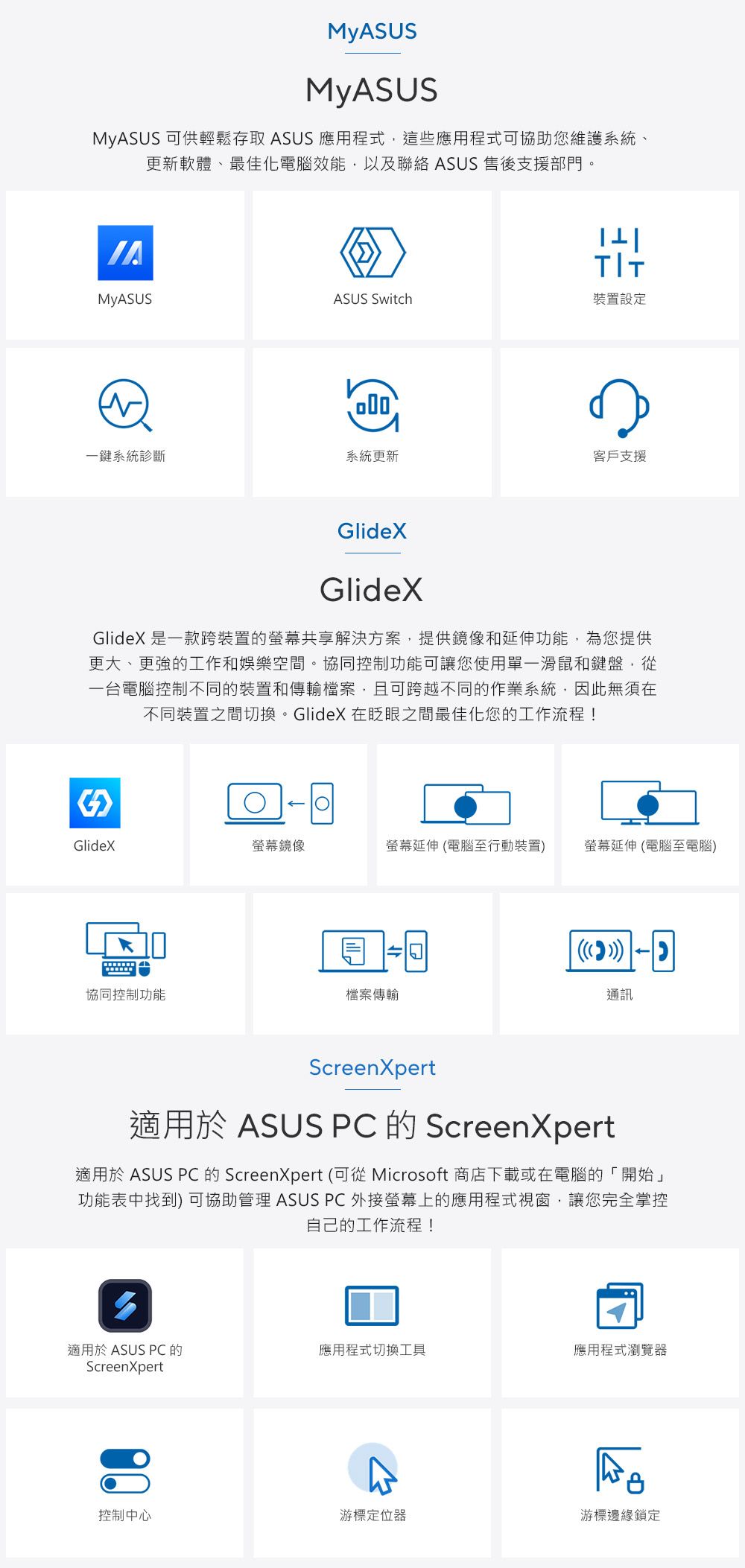 MyASUSMyASUSMyASUS 可供輕鬆存取 ASUS 應用程式這些應用程式可協助您維護系統、更新軟體、最佳化電腦效能,以及聯絡 ASUS 售後支援部門。ASUS Switch裝置設定一鍵系統診斷系統更新客戶支援GlideXGlideXGlideX 是一款跨裝置的共享解決方案,提供鏡像和延伸功能,為您提供更大、更強的工作和娛樂空間。協同控制功能可讓您使用單一滑鼠和鍵盤,從一台電腦控制不同的裝置和傳輸檔案,且可跨越不同的作業系統,因此無須在不同裝置之間切換。GlideX 在眨眼之間最佳化您的工作流程!$GlideX螢幕鏡像螢幕延伸 電腦至行動裝置 螢幕延伸(電腦至電腦  協同控制功能檔案傳輸())通訊ScreenXpert適用於 ASUS PC 的 ScreenXpert適用於 ASUS PC 的 ScreenXpert (可從 Microsoft 商店下載或在電腦的「開始」功能表中找到)可協助管理 ASUS PC 外接螢幕上的應用程式視窗,讓您完全掌控自己的工作流程!適用於 ASUS PC 的應用程式切換工具應用程式瀏覽器ScreenXpert控制中心游標定位器游標邊緣鎖定