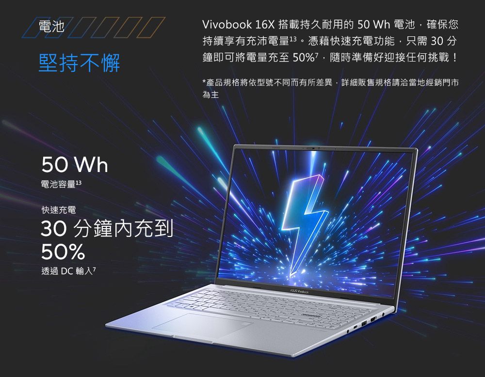 電池堅持不懈 Wh電池容量13快速充電30 分鐘內充到50%透過 DC 輸入 16X 搭載持久耐用的 50 Wh 電池,確保您持續享有充沛電量13。憑藉快速充電功能,只需 30 分鐘即可將電量充至50%,隨時準備好迎接任何挑戰!*產品規格將依型號不同而有所差異,詳細販售規格請洽當地經銷門市為主 Vivobook