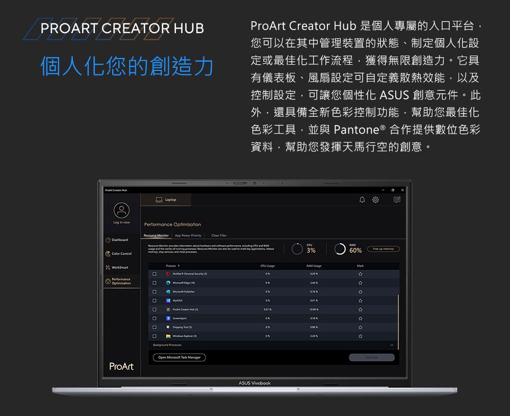 PROART CREATOR HUB個人化您的創造力  Hu 是個人專屬的入平台您可以其中管理裝置的狀態、制定個人化設定或最佳化工作流程獲得無限創造力。它具有儀表板、風扇設定可自定義散熱效能以及控制設定,可讓您個性化 ASUS 創意元件。此外,還具備全新色彩控制功能,幫助您最佳化色彩工具,並與 Pante ® 作提供數位色彩資料,幫助您發揮天馬行空的創意。  bLaptopD in now   App  PriorityClean       and  ,   and 6 up  PerformanceOptimization    RAM 合在ProArt ProArt Creator  3 % on口  0%%    ASUS Vivobook