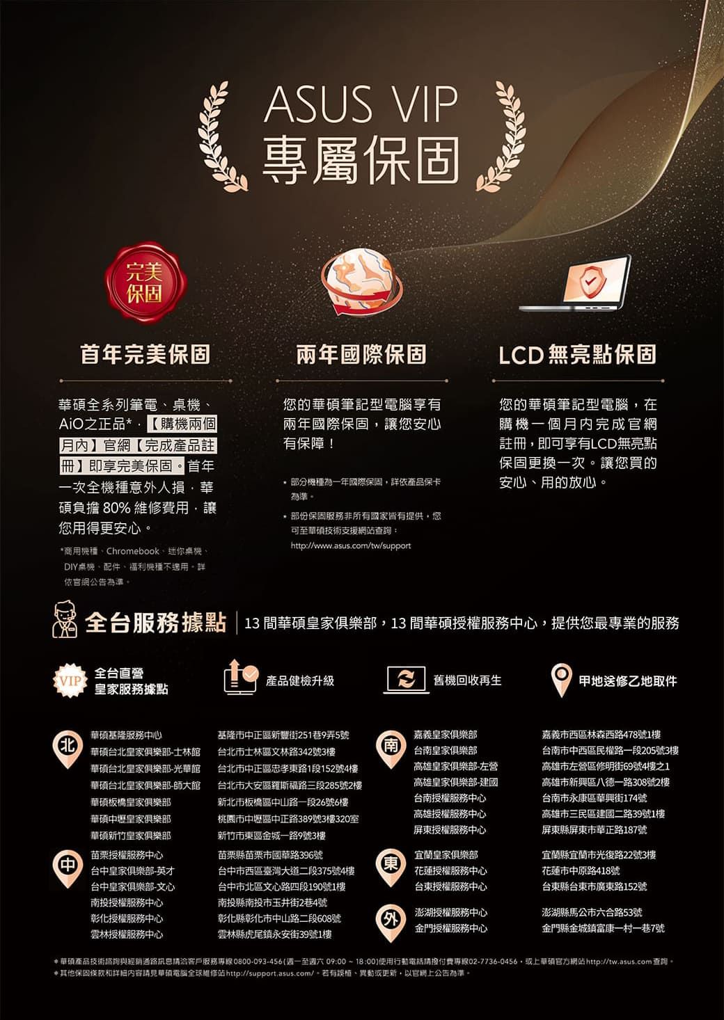 完美ASUS VIP專屬保固保固首年完美保固兩年國際保固L無亮點保固華碩全系列筆電AiO之正品購機兩個】官網【完成產品註【冊】即享完美保固首年一次全機種意人損華碩負擔 80% 費用讓您用得更安心商用機種、Chrombook、迷你桌機您的華碩筆記型電腦享有兩年國際保固讓您安心有保障!*機種為一年國際保固依產品保卡為準* 部份保固服務非所有國家皆有提供,您至華碩技術支援網站查詢:http://www.asus.com/tw/support您的華碩筆記型電腦,在購機一個月內完成官網註冊,即可享有LCD無亮點保固更換一次。讓您買的安心、用的放心。。DIY桌機、配件、福利機種不適用。詳依官網公告為準。全台服務據點13 間華碩家俱樂部,13 間華碩授權服務心,提供您最專業的服務全台直營VIP皇家服務據點產品健檢升級e 機回收再生甲地送修乙地取件華碩基隆服務中心CD中華碩台北皇家俱樂部-士林館華碩台北皇家俱樂部-光華館華碩台北皇家俱樂部-師大館華碩板橋皇家俱樂部華碩中壢皇家俱樂部華碩新竹皇家俱樂部苗栗授權服務中心台中皇家俱樂部-英才台中皇家俱樂部-文心投授權服務中心彰化授權服務中心雲林授權服務中心基隆中正區新豐街251巷9弄5號台北市士林區文林路342號3樓台北市中正區忠孝東路1段152號4樓台北市大安區羅斯福路三段285號2樓新北市板橋區中山路一段26號6樓桃園市中壢區中正路389號3樓320室新竹市東區金城一路9號3樓苗栗縣苗栗市國華路396號南嘉義皇家俱樂部台南皇家俱樂部高雄皇家俱樂部-左營高雄皇家俱樂部-建國台南授權服務中心高雄授權服務中心屏東授權服務中心台中市西區臺灣大道二段375號4樓台中市北區文心路四段190號1樓南投縣南投市玉井街2巷4號彰化縣彰化市中山路二段608號雲林縣虎尾鎮永安街39號1樓東外宜蘭皇家俱樂部花蓮授權服務中心台東授權服務中心澎湖授權服務中心金門授權服務中心嘉義市西區林森西路478號1樓台南市中西區民權路一段205號3樓高雄市左營區修明街69號4樓之1高雄市新興區八德一路308號2樓台南市永康區華興街174號高雄市三民區建國二路39號1樓屏東縣屏東市華正路187號宜蘭縣宜蘭市光復路22號3樓花蓮市中原路418號台東縣台東市廣東路152號澎湖縣馬公市六合路53號金門縣金城鎮富康一村一巷7號*華碩產品技術諮詢與經銷通路請洽客戶服務專線0800-093-456(週一至週六09:0018:00使用行動電話請撥付費專線02-7736-0456,上華碩官方網站http://tw.asus.com查詢。*其他保固條款和請見華碩電腦全球維修站http://support.asus.com/。若有、異動或更新,以官網上公告為準。