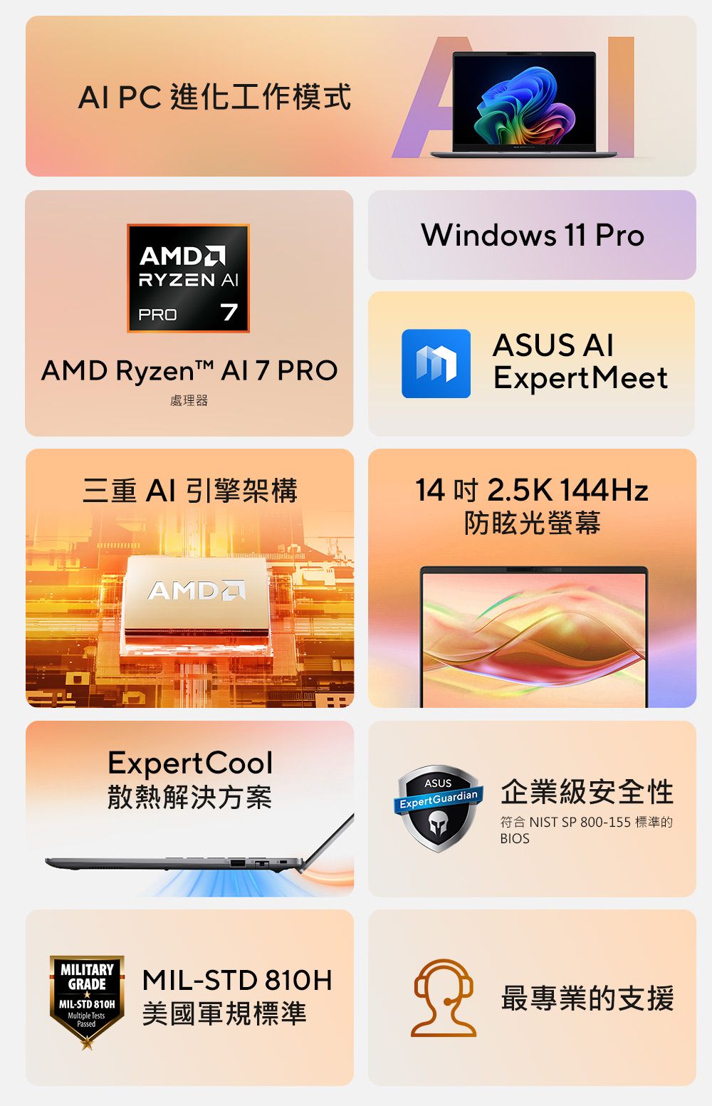 I PC 進化工作模式AWindows 11 ProRYZEN PRO 7AMD Ryzent  PRO處理器ASUS AIExpert Meet三重 AI引擎架構AMDAExpert Cool14  2.5K 144Hz防眩光螢幕散熱解決方案ASUSExpert Guardian企業級安全性MILITARYGRADEMIL-STD 810HMultiple TestsPassedMIL-STD 810H美國軍規標準符合 NIST SP 800-155 標準的BIOS最專業的支援