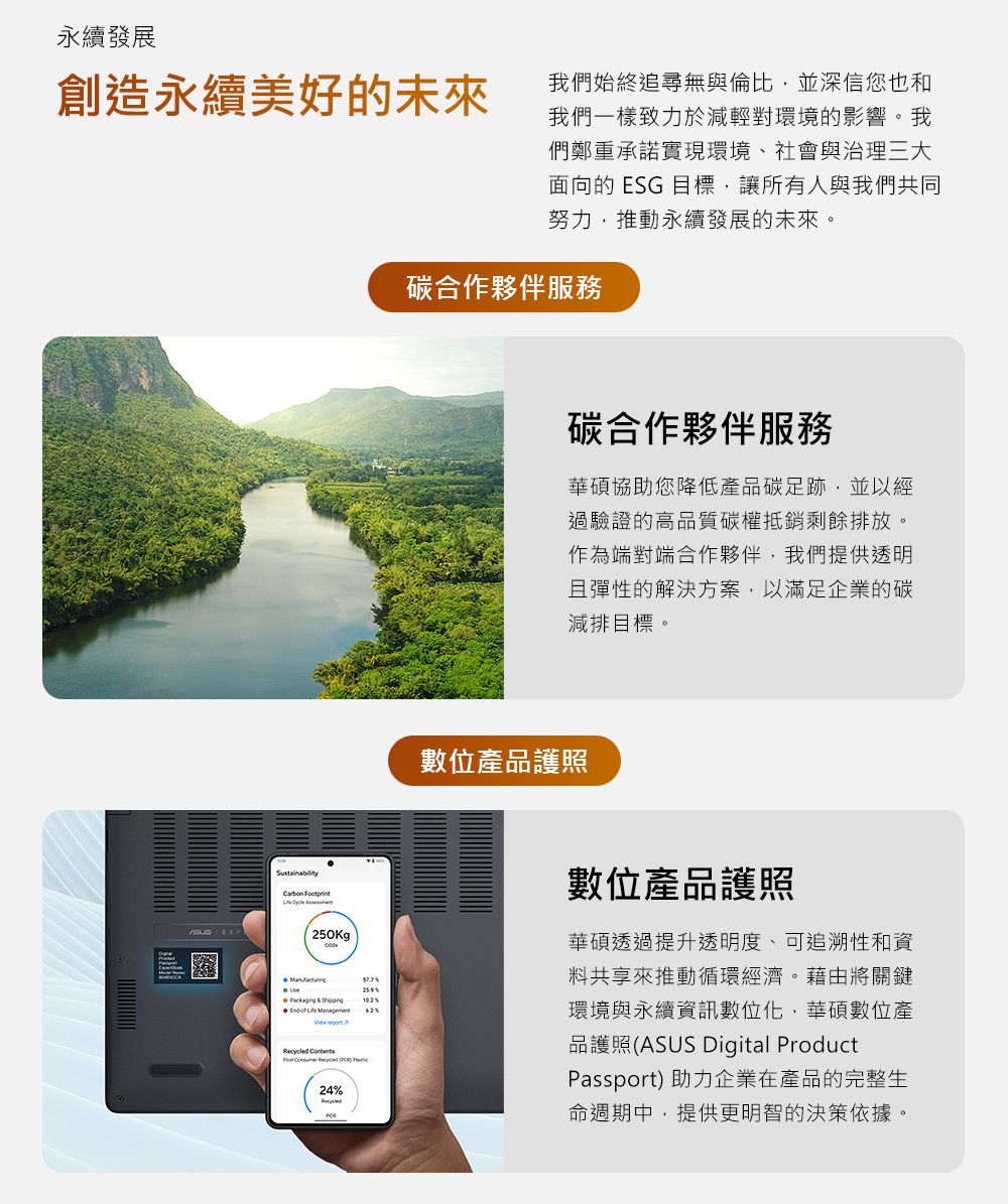 永續發展創造永續美好的未來我們始終追尋無與倫比並深信您也和我們一樣致力於減輕對環境的影響。我們鄭重承諾實現環境、社會與治理三大面向的 ESG 目標,讓所有人與我們共同努力,推動永續發展的未來。碳合作夥伴服務    250Kg          24%碳合作夥伴服務華碩協助您降低產品碳足跡,並以經過驗證的高品質碳權抵銷剩餘排放。作為端對端合作夥伴,我們提供透明且彈性的解決方案,以滿足企業的碳減排目標。數位產品護照數位產品護照華碩透過提升透明度、可追溯性和資料共享來推動循環經濟。藉由將關鍵環境與永續資訊數位化,華碩數位產品護照(ASUS Digital ProductPassport) 助力企業在產品的完整生命週期中,提供更明智的決策依據。