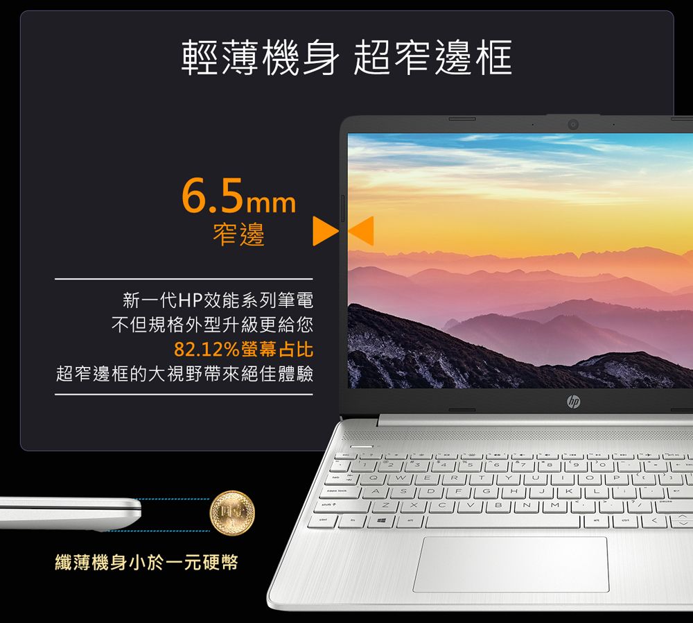 輕薄機身 超窄邊框6.5mm窄邊新一代HP效能系列筆電不但規格外型升級更給您82.12%螢幕占比超窄邊框的大視野帶來絕佳體驗纖薄機身小於一元硬幣RDBNPKLM