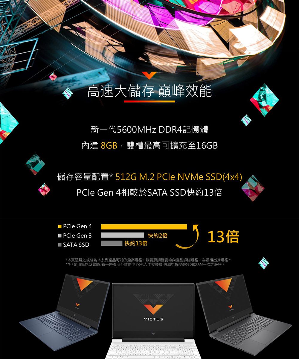 高速大儲存 巔峰效能新一代5600MHz DDR記憶體內建 8GB雙槽最高可擴充至16GB儲存容量配置* 512G M.2  NVMe SSD(4x4)PCle Gen 4相較於SATA SSD快約13倍 PCle Gen 4 PCle Gen 3快約2倍SATA SSD快約13倍13倍*本頁呈現之規格為本系列產品可能的最高規格購買前請鍵內產品詳細規格,為最後出貨規格。**HP家用筆記型電腦,序號可至維修中心(人工費)協助拆機安裝SSD或RAM之服務。VICTUS