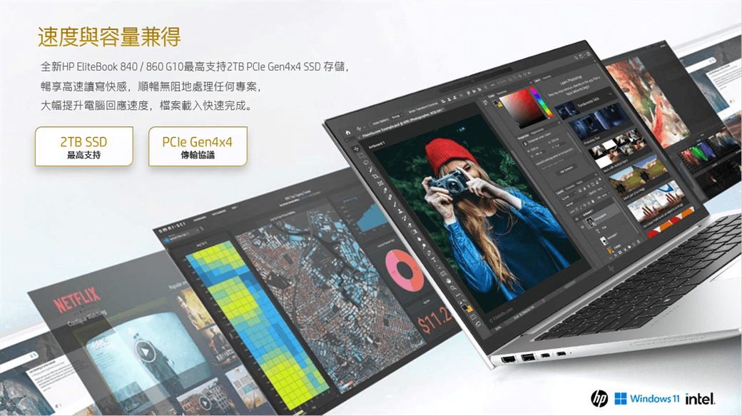 速度與容量兼得全新HP EliteBook840/860G10最高支持2TB  Gen4x4 SSD 存儲,暢享高速讀寫快感,順暢無阻地處理任何專案,大幅提升電腦回應速度,檔案載入快速完成。2TB SSD Gen4x4最高支持傳輸協議NETFLIX $.2 Windows 11 intel.