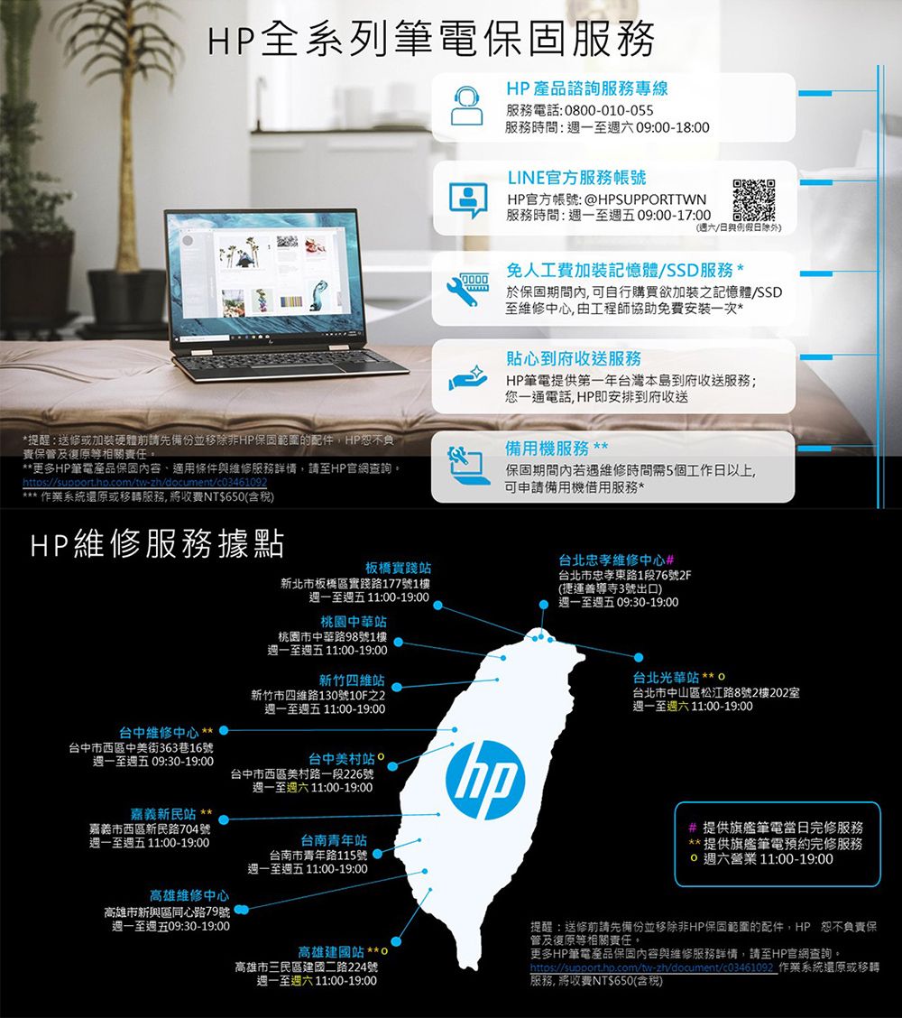 全系列筆電保固服務*提醒送修或加裝硬體前請先備份並移除非HP保固範圍的配件HP恕不負責保管及復原等相關責任。更多HP筆電產品保固容、適用條件與服務詳情請至HP官網查詢。https://support.hp.com/tw-zh/document/c3461092系統還原或移轉服務,將收NT0(含稅HP維修服務據點HP產品諮詢服務專線服務電話:0800-010-055服務時間:週一至週六09:00-18:00LINE官方服務帳號HP官方帳號: @HPSUPPRTTWN服務時間:週一至週五09:00-17:00(週六/日與例假日除外)免人工費加装記憶體/SSD服務*於保固期間內, 可自行購買欲加裝之記憶體/SSD至維修中心,由工程師協助免費安裝一次*貼心到府收送服務HP筆電提供第一年台灣本島到府收送服務;您一通電話, HP即安排到府收送備用機服務 **保固期間內若遇維修時間需5個工作日以上,可申請備用機借用服務*板橋實踐站新北市板橋區實踐路177號1樓週一至週五 :00-19:00桃園中華站桃園市中華路98號1樓週一至週五 11:00-19:00新竹四維站新竹市四維路130號10F之2週一至週五 11:00-19:00台中維修中心**台中市西區中美街363巷16號週一至週五 09:30-19:00台中美村站台中市西區美村路一段226號週一至週六11:00-19:00hp嘉義新民站 **嘉義市西區新民路704號週一至週五 11:00-19:00台南青年站台南市青年路115號週一至週五 11:00-19:00高雄維修中心高雄市新興區同心路79號週一至週五09:30-19:00高雄建國站 **高雄市三民區建國二路224號週一至週六11:00-19:00台北忠孝維修中心#台北市忠孝東路1段76號2F(捷運導寺3號出口)週一至週五 09:30-19:00台北光華站 ** O台北市中山區松江路8號2樓202室週一至週六11:00-19:00# 提供旗艦筆電當日完修服務*提供旗艦筆電預約完修服務0 週六營業11:00-19:00提醒:送修前請先備份並移除非HP保固範圍的配件,HP恕不負責保管及復原等相關責任。更多HP筆電產品保固內容與維修服務詳情,請至HP官網查詢。https://support.hp.com/tw-zh/document/c03461092 作業系統還原或移轉服務,將收費NT0(含稅)