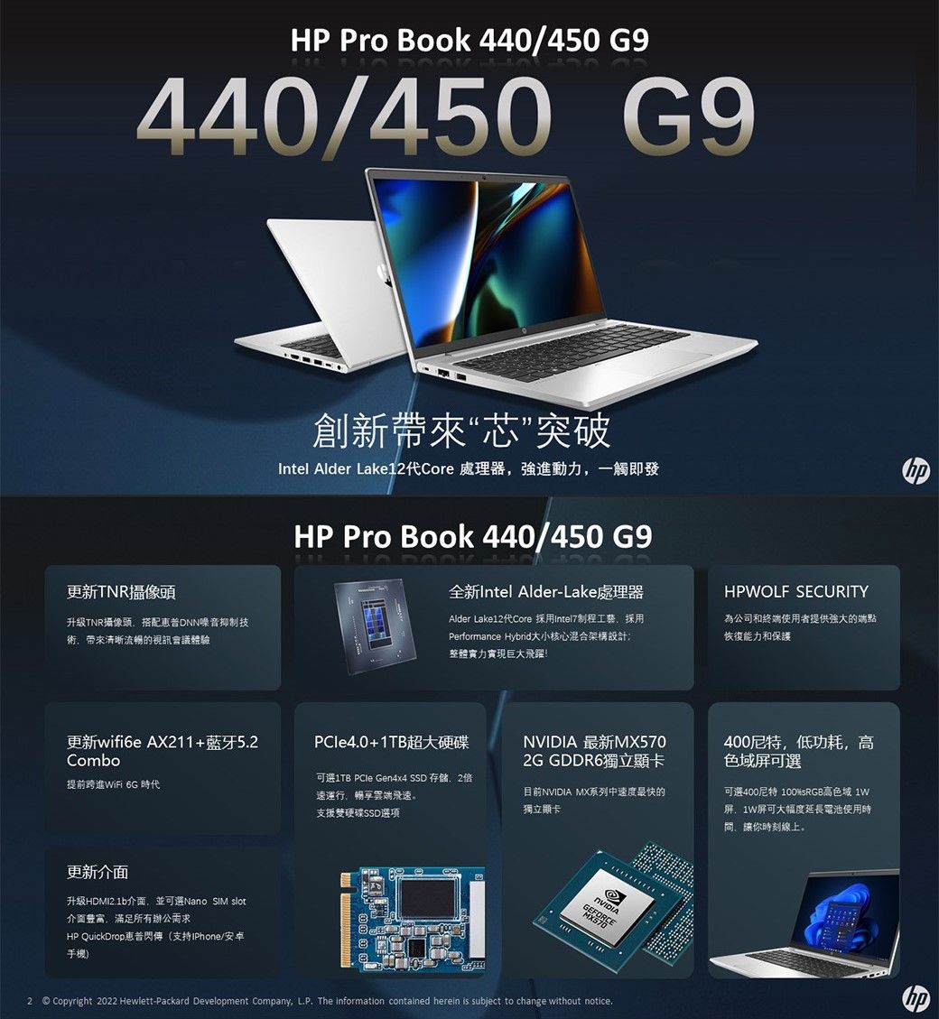 HP Pro Book 440/450 G9440/450 G9更新TNR頭升級TNR攝像頭搭配惠普DNN噪音抑制技術带来清晰流暢的視訊會議體驗創新帶來“芯”突破Intel Alder Lake12代Core 處理器強進動力一觸即發HP Pro Book 440/450 G9全新Intel Alder-Lake處理器Alder Lake12代Core 採用Intel7制程,採用Performance Hybrid大小核心混合架構設計整體實力實現巨大飛躍!HPWOLF SECURITY為公司和終端使用者提供強大的端點恢復能力和保護更新 AX211+藍牙52ComboPCle4.0+1TB超大硬碟提前跨進WiFi 6G時代可選1TB  Gen4x4 SSD 存储2倍速運行,暢享雲端飛速。支援雙硬碟SSD選項更新介面升級HDMI2.1b介面,並可選Nano SIM slot介面豐富,滿足所有辦公需求HP QuickDrop惠普閃傳(支持IPhone/安卓手機) 最新MX5702G GDDR6獨立顯卡目前NVIDIA MX系列中速度最快的獨立顯卡400尼特,低功耗,色域屏可選可選400尼特 100高色域 屏,1W屏可大幅度延長電池使用時間,讓你時刻線上。NVIDIA2 © Copyright 2022 Hewlett-Packard Development Company, L.P. The information contained herein is subject to change without notice.