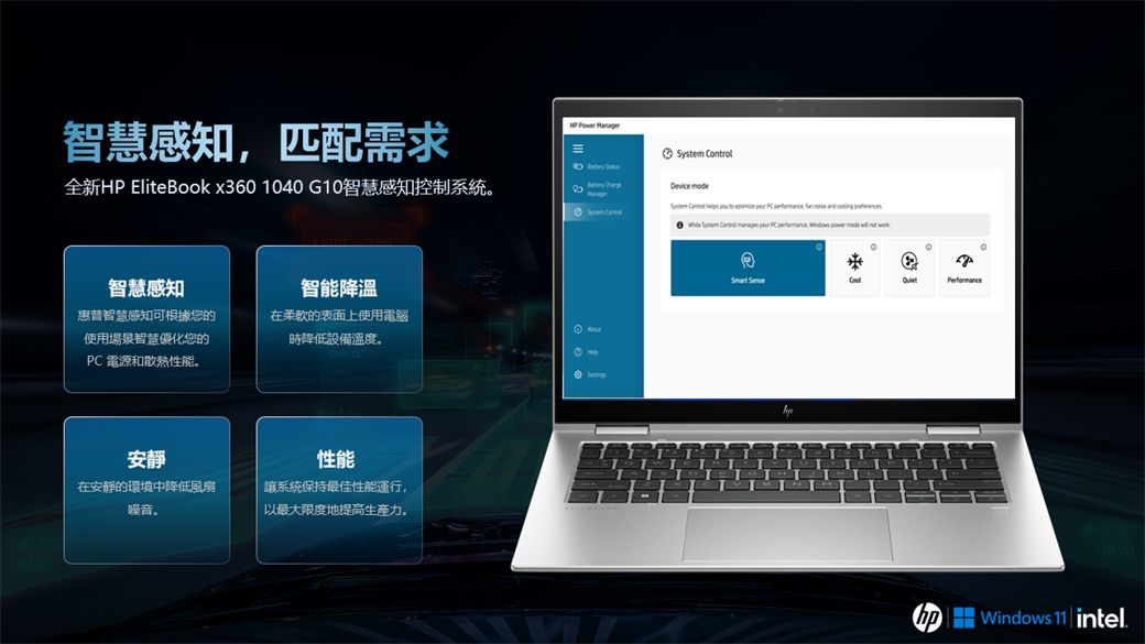 智慧感知匹配需求   全新HP EliteBook x360 1040 G10智慧感知控制系統智慧感知惠普智慧感知可根據您的使用場景智慧優化您的電源和散熱性能。安靜智能降溫在柔軟的表面上使用電腦時降低設備溫度性能在安靜的環境中降低風扇噪音。讓系統保持最佳性能運行,以最大限度地提高生產力。  ControlDevice     ,     System   PC    mode     Windows 11  intel