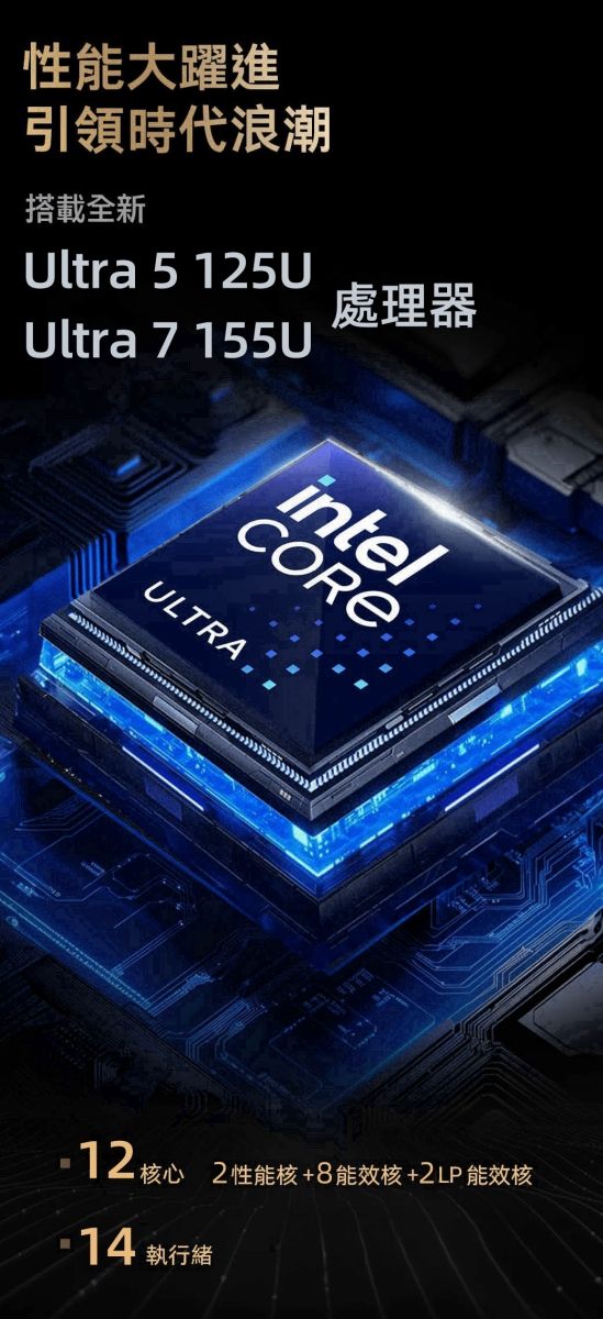 性能大躍進引領時代浪潮搭載全新Ultra 5125UUltra 7155U處理器intelULTRA12核心 2性能核+8能效核+2LP 能效核14 執行緒