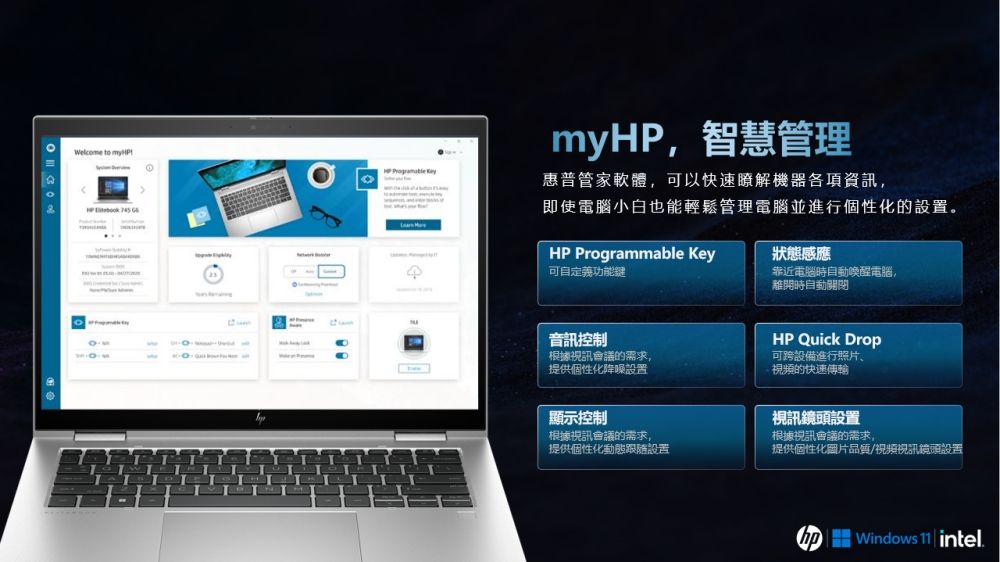 to  myHP智慧管理惠普管家軟體,可以快速瞭解機器各項資訊,即使電腦小白也能輕鬆管理電腦並進行個性化的設置。HP Programmable Key可自定義功能鍵狀態感應靠近電腦時自動唤醒電腦,音訊控制根據視訊會議的需求,提供個性化設置離開時自動關閉HP Quick Drop可跨設備進行照片、視頻的快速傳輸顯示控制根據視訊會議的需求,提供個性化動態跟随設置視訊鏡頭設置根據視訊會議的需求,提供個性化圖片品質/視頻視訊鏡頭設置 Windows  | intel.
