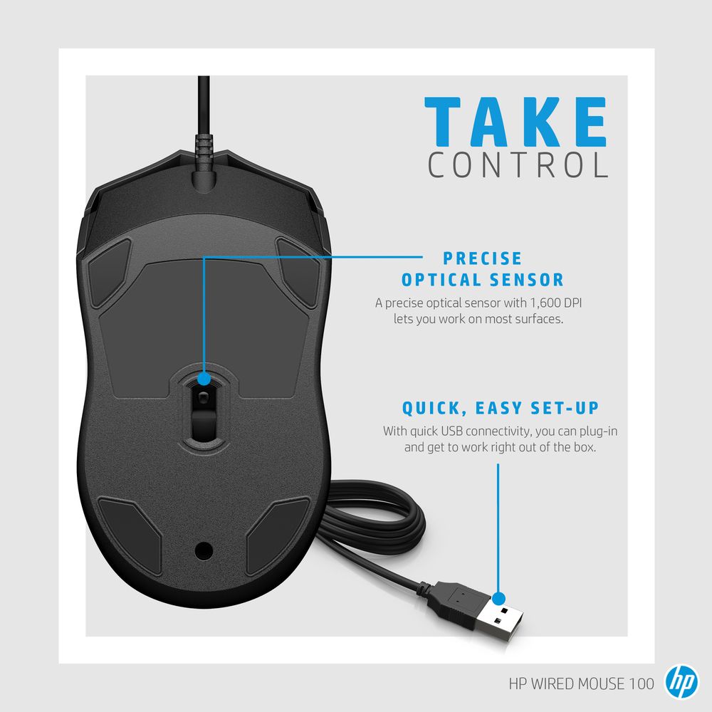 TAKECONTROLPRECISEOPTICAL SENSORA precise optical sensor with 1,600 DPIlets you work on most surfacesQUICK, EASY SET-UPWith quick USB connectivity, you can plug-inand get to work right out of the boxHP WIRED MOUSE 100p