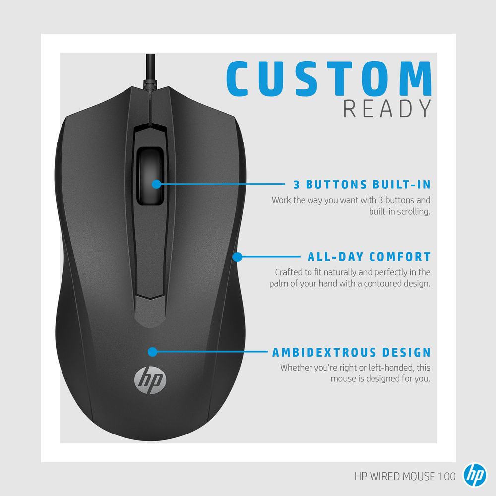 CUSTOMREADY3 BUTTONS BUILTINWork the way you want with 3 buttons andbuilt-in scrollingALL-DAY COMFORTCrafted to fit naturally and perfectly in thepalm of your hand with a contoured design.hpAMBIDEXTROUS DESIGNWhether youre right or left-handed, thismouse is designed for you.HP WIRED MOUSE 100p