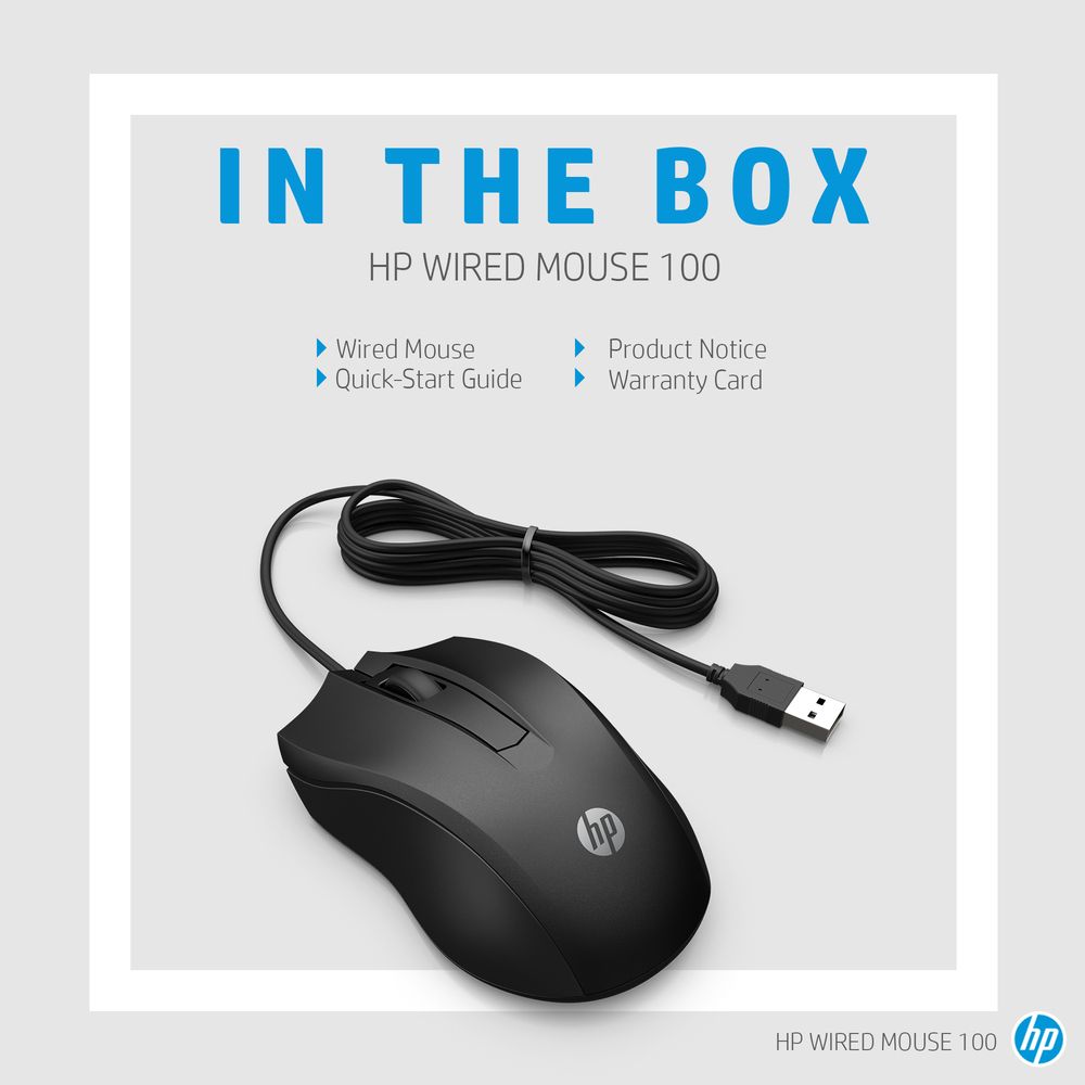 IN THE BOXHP WIRED MOUSE 100 Wired MouseQuick-Start Guide Product Notice Warranty CardHP WIRED MOUSE 100p