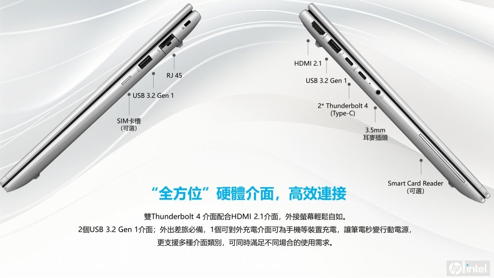 RJ45 USB3.2 Gen 1SIM卡槽(可選)HDMI 2.1USB 3.2 Gen 12 * Thunderbolt 4(Type-C)3.5mm耳麥插頭“全方位”硬體介面,高效連接雙Thunderbolt 4 介面配合HDMI 2.1介面,外接螢幕輕鬆自如。Smart Card Reader(可選)2個USB 3.2 Gen 1介面;外出差旅必備,1個可對外充電介面可為手機等裝置充電,讓筆電秒變行動電源,更支援多種介面類別,可同時滿足不同場合的使用需求。