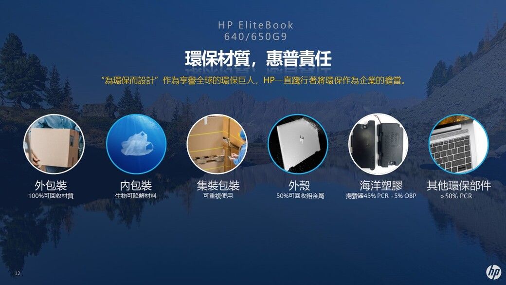 HP EliteBook640/650G9環保材質,惠普責任“為環保而設計”作為享譽全球的環保巨人,HP一直踐行著將環保作為企業的擔當。①海洋塑膠外包裝包裝集裝包裝外殼100%可回收材質生物可降解材料可重複使用50%可回收鋁金屬揚聲器45% PCR+5% OBP其他環保部件50% PCR