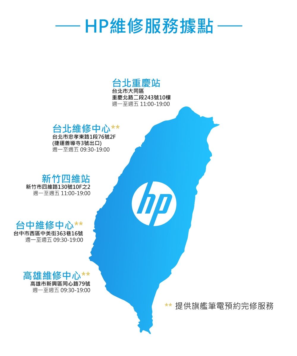 -HP維修服務據點台北重慶站台北市大同區重慶北路二段243號10樓週一至週五11:00-19:00台北維修中心台北市忠孝東路1段76號2F(捷運善導寺3號出口)週一至週五09:30-19:00新竹四維站新竹市四維路130號10F之2週一至週五11:00-19:00台中維修中心*台中市西區中美街363巷16號週一至週五 09:30-19:00高雄維修中心**高雄市新興區同心路79號週一至週五09:30-19:00hp**提供旗艦筆電預約完修服務