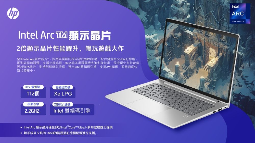 Intel Arc 顯示晶片2倍顯示晶片性能躍升暢玩遊戲大作全新Intel Arc顯示晶片採用與獨顯同根同源的XLPG架構配合雙DDR5記憶體圖形效能無瓶頸支援光線追蹤等多項獨顯級先進影像技術深度優化多款遊戲近2倍FPS提升影格影格精彩流暢,整合intel雙編碼引擎,支援AV1編碼剪輯速度快影片 矢量引擎獨顯級架構112個Xe LPG核顯引擎支援AV1編碼2.2GHZIntel 雙編碼引擎· Intel Arc 顯示晶片僅在部分Intel Ultra H系列處理器上提供 該系統至少具有16GB的雙通道記憶體配置進行支援。intelARCGRAPHICS