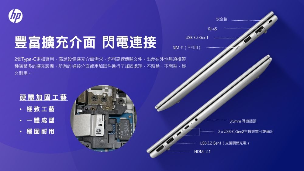 豐富擴充介面 閃電連接USB 32 Gen1SIM卡(不可用)2個Type-C更加實用滿足設備擴充介面需求亦可高速傳輸文件。出差在外也無須攜帶種類繁多的擴充設備。所有的連接介面都用加固件進行了加固處理不鬆動,不開裂,經久耐用。-45安全鎖硬體加固工藝.極致工藝·一體成型穩固耐用3.5mm 耳機插頭2 USB-C Gen2主機充電+DP輸出USB 3.2 Gen1 (支援關機充電)HDMI 2.1