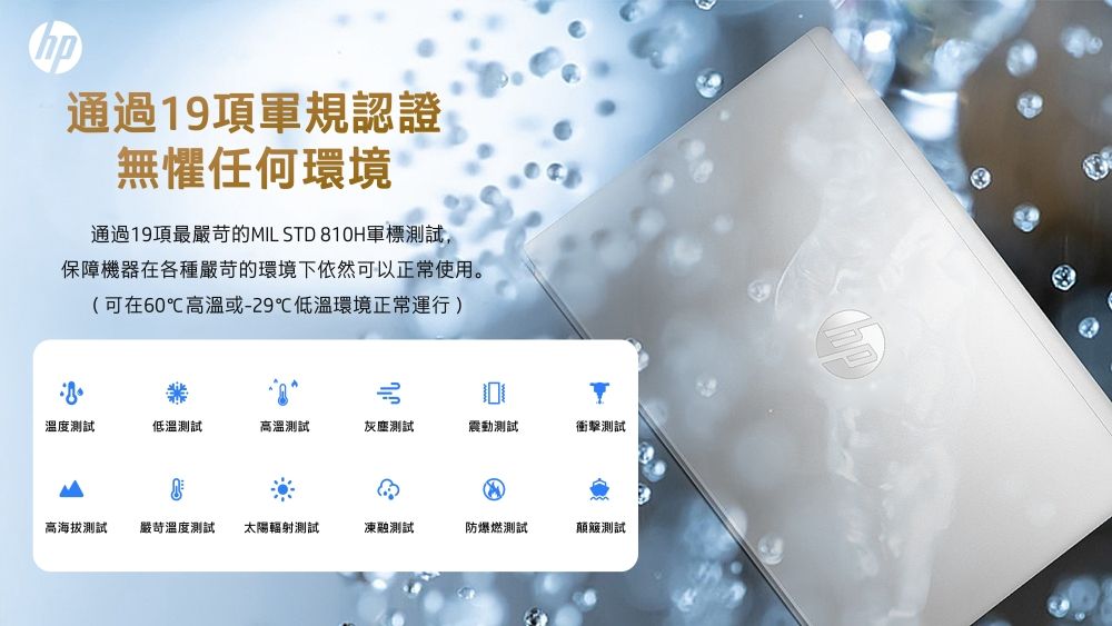通過19項規認證無懼任何環境通過19項最嚴苛的MIL STD 810H軍標測試,保障機器在各種嚴苛的環境下依然可以正常使用。(可在60℃高溫或-29℃低溫環境正常運行)溫度測試低溫測試高溫測試灰塵測試震動測試衝擊測試高海拔測試 嚴苛溫度測試太陽輻射測試測試防爆燃測試顛簸測試