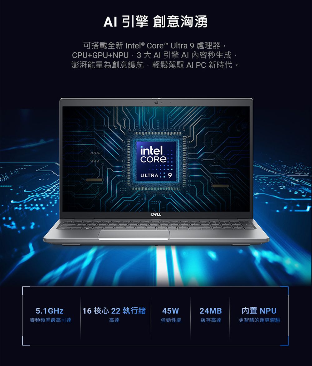 AI 引擎 創意洶湧可搭載全新 Intel® Core™ Ultra  處理器CPU+GPU+NPU3大AI引擎 AI 內容秒生成,澎湃能量為創意護航,輕鬆駕馭 AI PC 新時代。intelULTRA:95.1GHz 16 核心 22 執行緒45W24MB内置 NPU睿頻頻率最高可達高達強勁性能緩存高達更智慧的運算體驗