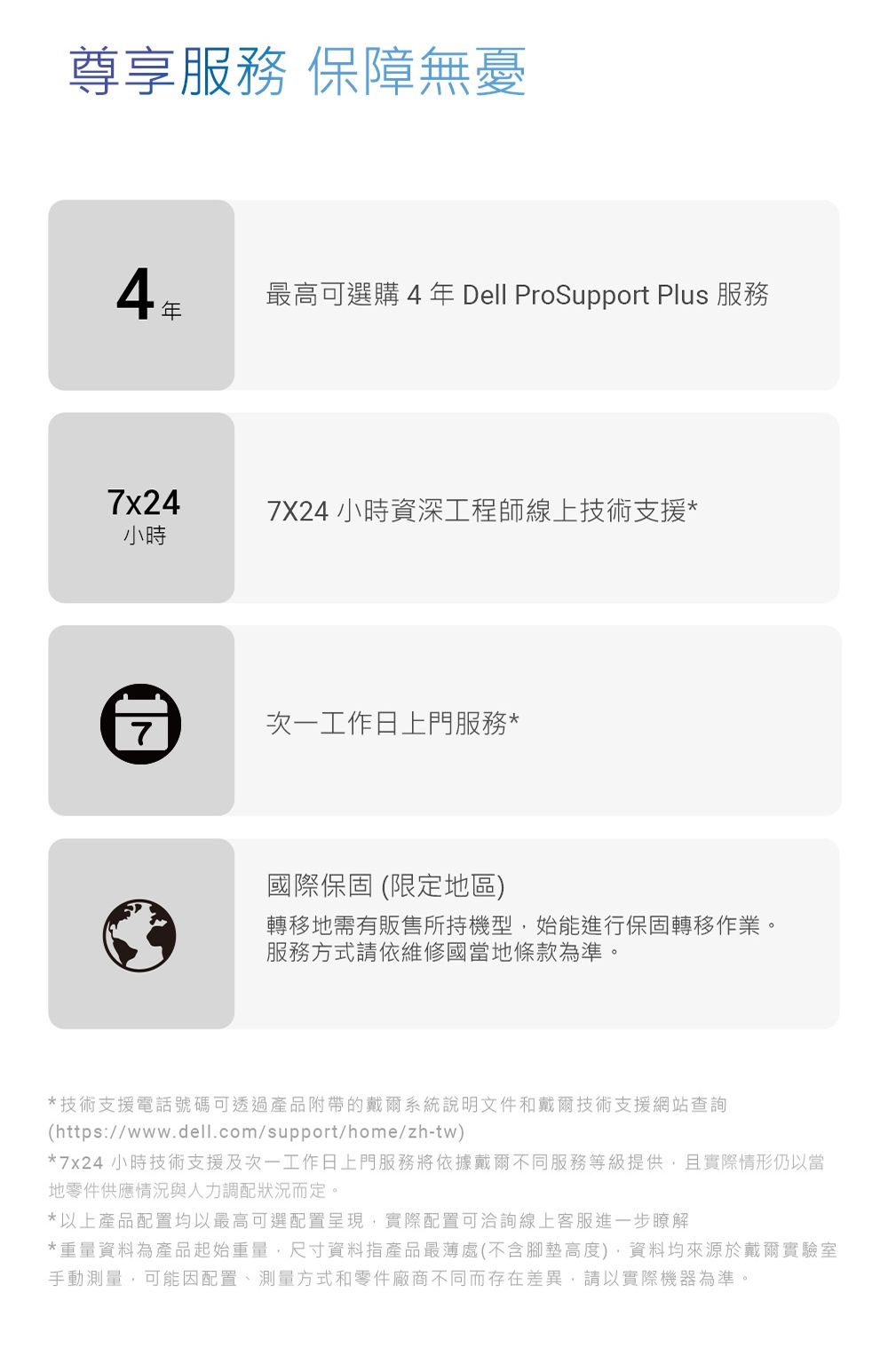 尊享服務 保障無憂最高可選購4 Dell ProSupport Plus 服務年7x247X24 小時資深工程師線上技術支援*小時7次一工作日上門服務*國際保固 (限定地區)轉移地需有販售所持機型始能進行保固轉移作業。服務方式請依維修國當地條款為準。*技術支援電話號碼可透過產品附帶的戴爾系統說明文件和戴爾技術支援網站查詢(https://www.dell.com/support/home/zh-tw)*7x24 小時技術支援及次一工作日上門服務將依據戴爾不同服務等級提供,且實際情形仍以當地零件供應情況與人力調配狀況而定。*以上產品配置均以最高可選配置呈現,實際配置可洽詢線上客服進一步瞭解*重量資料為產品起始重量,尺寸資料指產品最薄處(不含腳墊高度),資料均來源於戴爾實驗室手動測量,可能因配置、測量方式和零件廠商不同而存在差異,請以實際機器為準。