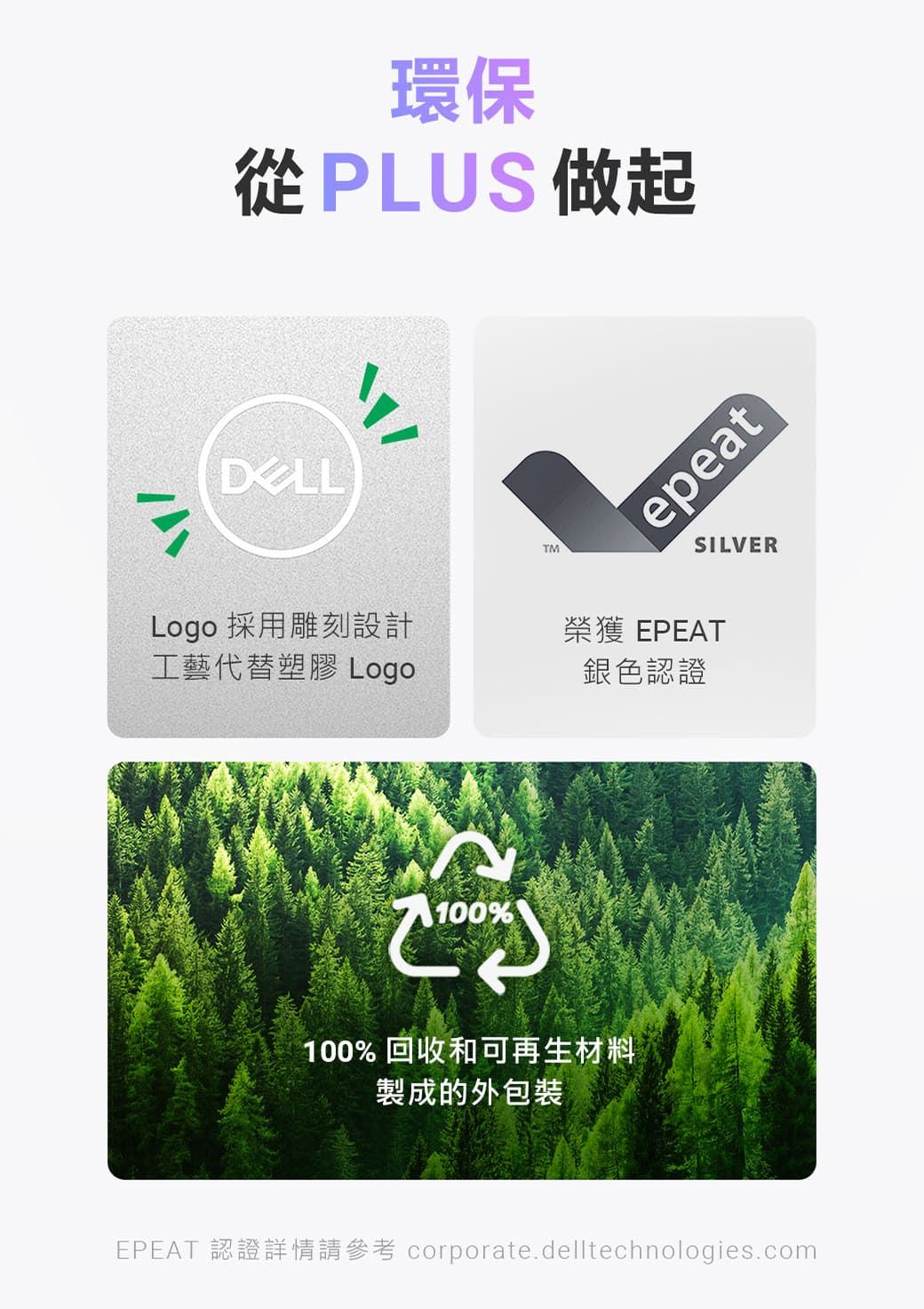 環保從PLUS 做起DELLepeatSILVERLogo 採用雕刻設計榮獲 EPEAT工藝代替塑膠 Logo銀色認證100%100%回收和可再生材料製成的外包裝EPEAT 認證詳情請參考 corporate.delltechnologies.com