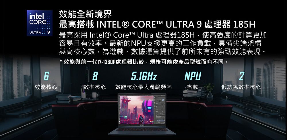 intelCORE®ULTRA 9效能全新境界最高搭載 INTEL® CORE ULTRA 9 處理器 185H最高採用 Intel® Core™ Ultra 處理器185H使高強度的計算更加容易且有效率。最新的NPU支援更高的工作負載,具備尖端架構與高核心數,為遊戲、數據運算提供了前所未有的強勁效能表現。* 效能與前一代i7-130P處理器比較,規格可能依產品型號而有不同。685.1GHzNPU效能核心效率核心 效能核心最大渦輪頻率搭載低功耗效率核心