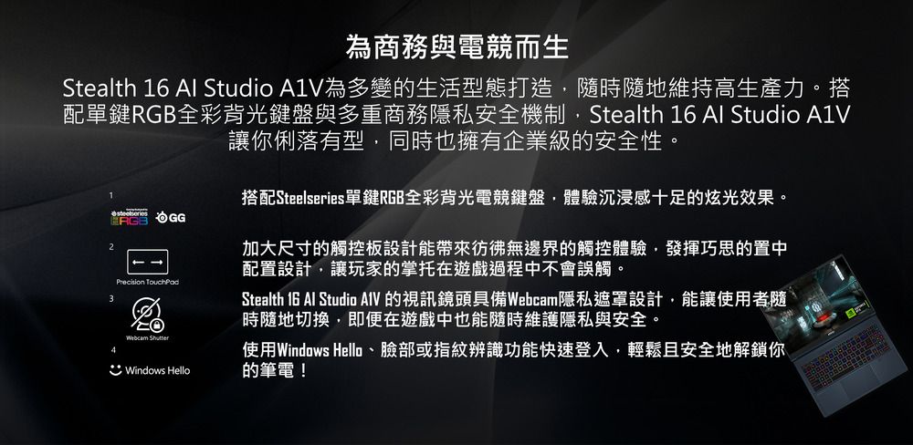 為商務與電競而生Stealth 16  Studio A1V為多變的生活型態打造隨時隨地維持高生產力。搭配單鍵RGB全彩背光鍵盤與多重商務隱私安全機制Stealth 16 Al Studio 讓你俐落有型同時也擁有企業級的安全性。23 OGGPrecision TouchPad 4Windows Hello搭配Steelseries單鍵RGB全彩背光電競鍵盤,體驗沉浸感十足的炫光效果。加大尺寸的觸控板設計能帶來彷彿無邊界的觸控體驗,發揮巧思的置中配置設計,讓玩家的掌托在遊戲過程中不會誤觸。Stealth 16 Al Studio  的視訊鏡頭具備Webcam隱私遮罩設計,能讓使用者隨時隨地切換,即便在遊戲中也能隨時維護隱私與安全。使用Windows Hello、臉部或指紋辨識功能快速登入,輕鬆且安全地解鎖你的筆電!