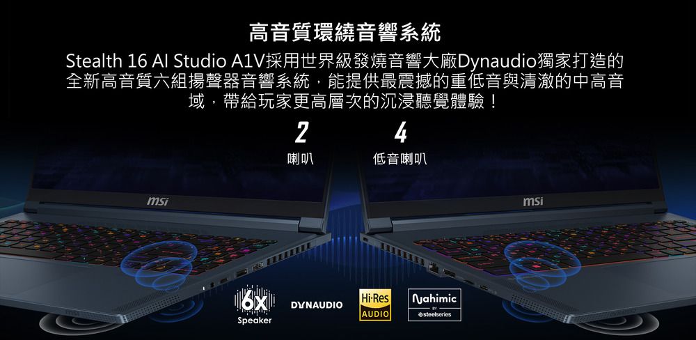 高音質環繞音響系統Stealth 16 Al Studio A1V採用世界級發燒音響大廠Dynaudio獨家打造的全新高音質六組揚聲器音響系統,能提供最震撼的重低音與清澈的中高音域,帶給玩家更高層次的沉浸聽覺體驗!喇叭低音喇叭DYNAUDIOHi-ResAUDIO NahimicSpeakermsi