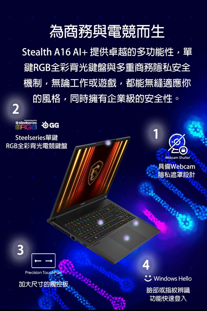 2為商務與電競而生Stealth A16 Al+提供卓越的多功能性單鍵RGB全彩背光鍵盤與多重商務隱私安全機制,無論工作或遊戲,都能無縫適應你的風格,同時擁有企業級的安全性。steelseriesRGBGGSteelseries單鍵RGB全彩背光電競鍵盤31Webcam Shutter具備Webcam隱私遮罩設計Precision TouchPad加大尺寸的觸控板4Windows Hello臉部或指紋辨識功能快速登入