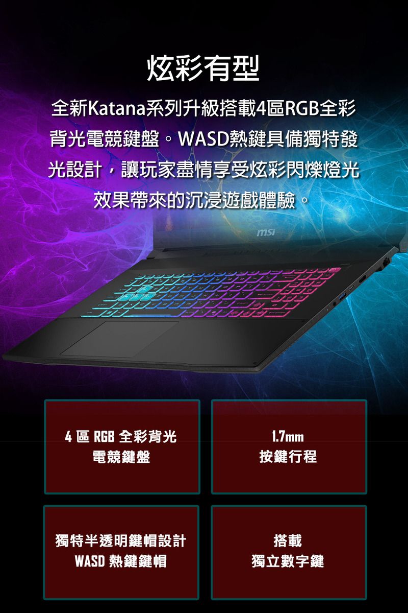 炫彩有型全新Katana系列升級搭載4區RGB全彩背光電競鍵盤。WASD熱鍵具備獨特發光設計,讓玩家盡情享受炫彩閃爍燈光效果帶來的沉浸遊戲體驗msi4 區 RGB 全彩背光1.7mm電競鍵盤按鍵行程獨特半透明鍵帽設計WASD 熱鍵鍵帽搭載獨立數字鍵