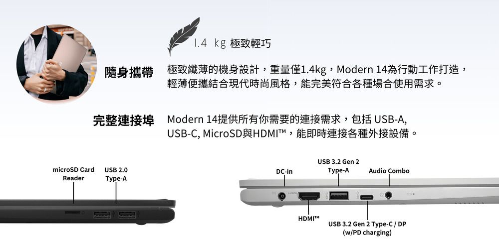 1.4 kg 極致輕巧隨身攜帶 極致纖薄的機身設計,重量僅1.4kg, Modern 14為行動工作打造,輕薄便攜結合現代時尚風格,能完美符合各種場合使用需求。完整連接 Modern 14提供所有你需要的連接需求,包括 USB-A,USB-C, MicroSD與HDMIT,能即時連接各種外接設備。microSD CardUSB 2.0ReaderType-ADC-inUSB 3.2 Gen 2Type-AAudio ComboUSB 3.2 Gen 2 Type-C/DP(w/PD charging)