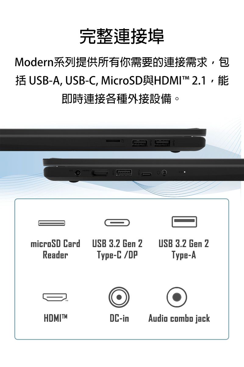 完整連接埠odern系列提供所有你需要的連接需求,包 USB-A, USB-C, MicroSD與HDMI 2.1,能即時連接各種外接設備。microSD Card USB 3.2 Gen 2USB 3.2 Gen 2ReaderType-C/DPType-AHDMI™MDC-inAudio combo jack