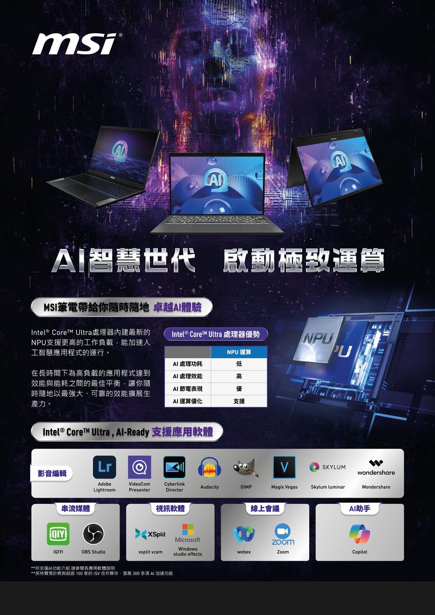 msi智慧世代 啟動極致運算MSI筆電帶給你隨時隨地 卓越體驗tel ® Core Ultra 處理器優勢Intel® Core™ Ultra處理器最新的NPU支援更的工作負載能加速人工智慧應用程式的運行。NPU運算 處理功耗低在長時間下為高負載的應用程式達到效能與能耗之間的最佳平衡讓你隨時隨地以最強大、可靠的效能擴展生產力。處理效能高AI 節電表現優AI 運算優化支援Intel® CoreT™ Ultra, -Ready 支援應用軟體NPUULrSKYLUM影音編輯wondershareAdobeVideoComCyberlinkAudacityGIMPMagix VegasSkylum luminarWondershareLightroom PresenterDirector串流媒體視訊軟體線上會議AI助手XSplitMicrosoftIn Studioxsplit camWindowsstudio effectswebexZoomCopilot所支援AI功能介紹,請參閱各應用軟體說明**英特爾預計將與超過 100 家的 ISV 合作夥伴,發展 300 多項 AI 加速功能