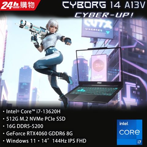 【1TB行動硬碟組】MSI Cyborg 14 A13VF-026TW(i7-13620H/16G/RTX4060-8G/512G SSD/W11/FHD+/144Hz/14)