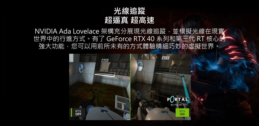 光線追蹤超逼真 超高速NVIDIA Ada Lovelace 架構充分展現光線追蹤並模擬光線在現實世界中的行進方式。有了 GeForce RTX 40 系列和第三代 RT核心的強大功能,您可以用前所未有的方式體驗精細巧妙的虛擬世界,RTXOFFPORTALWITH RTXRTXON