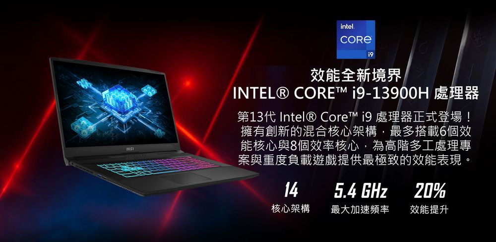 intel.效能全新境界INTEL® CORE 19-13900H 處理器第13代 Intel® Core  處理器正式登場!擁有創新的混合核心架構,最多搭載6個效能核心與8個效率核心,為高階多工處理專案與重度負載遊戲提供最極致的效能表現。145.4 GHz20%核心架構最大加速頻率效能提升