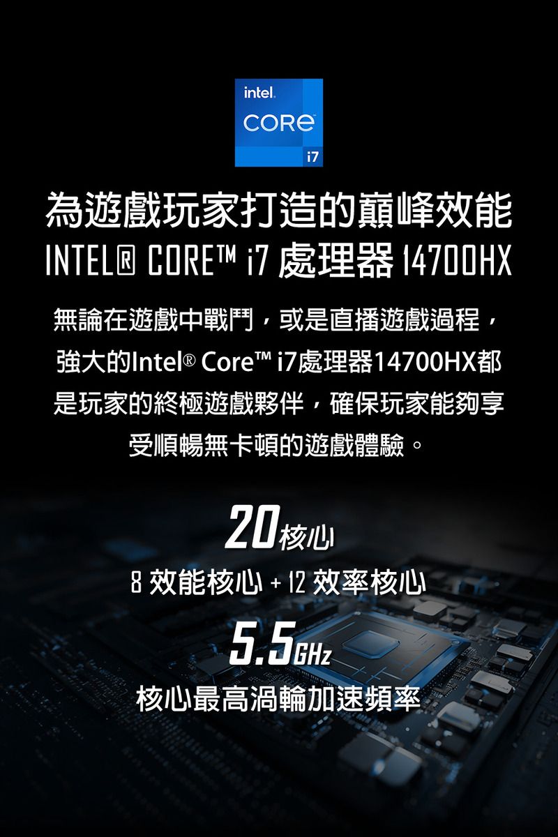 intel.為遊戲玩家打造的巔峰效能INTEL® CORE 處理器 14700HX無論在遊戲中戰鬥或是直播遊戲過程,強大的Intel® Core™ i7處理器14700HX都是玩家的終極遊戲夥伴,確保玩家能夠享受順暢無卡頓的遊戲體驗。20核心 效能核心+12效率核心核心最高渦輪加速頻率