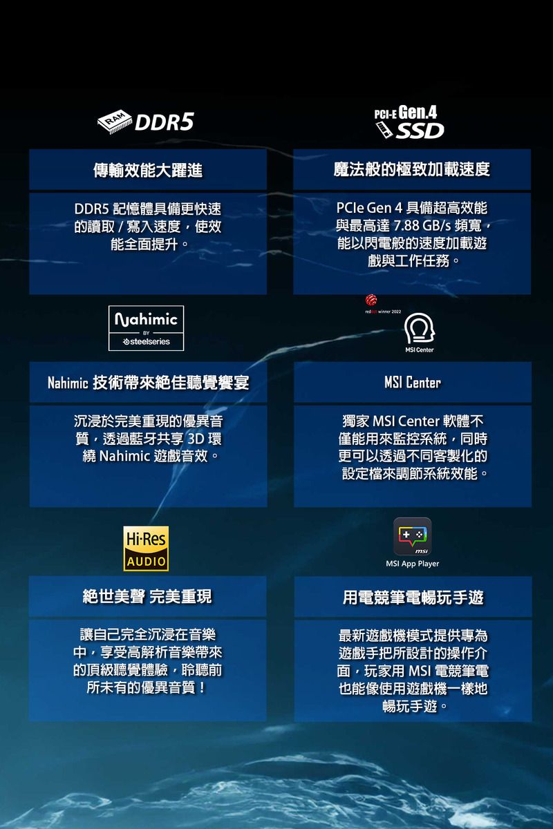 RAM DDR5傳輸效能大躍進DDR5 記憶體具備更快速的讀取/寫入速度使效能全面提升。PCI-E Gen.4SSD魔法般的極致加載速度PCle Gen 4 具備超高效能與最高達7.88GB/s 頻寬能以閃電般的速度加載遊戲與工作任務。Nahimicsteelseries winner MSI CenterNahimic 技術絕佳聽覺饗宴沉浸於完美重現的優異音質透過藍牙共享 3D 環繞 Nahimic 遊戲音效。MSI Center獨家 MSI Center 軟體不僅能用來監控系統同時更可以透過不同客製化的設定檔來調節系統效能。Hi-ResAUDIO絕世美聲 完美重現讓自己完全沉浸在音樂,享受高解析音樂帶來的頂級聽覺體驗,聆聽前所未有的優異音質!msMSI  Player用電競筆電暢玩手遊最新遊戲機模式提供專為遊戲手把所設計的操作介面,玩家用 MSI 電競筆電也能像使用遊戲機一樣地暢玩手遊。