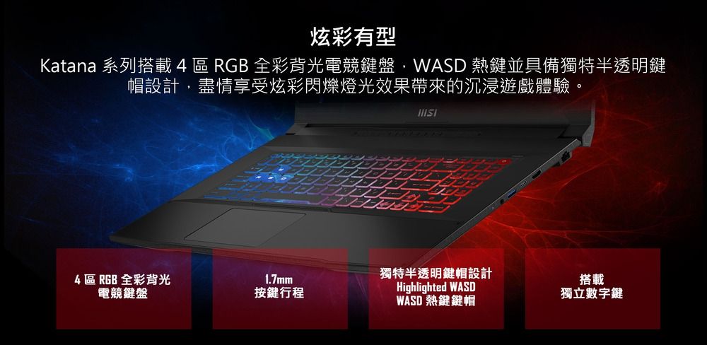 炫彩有型Katana 系列搭載 4  RGB 全彩背光電競鍵盤WASD 熱鍵並具備獨特半透明鍵帽設計,盡情享受炫彩閃爍燈光效果帶來的沉浸遊戲體驗。獨特半透明鍵帽設計4 區 RGB 全彩背光1.7mm搭載電競鍵盤按鍵行程Highlighted WASDWASD 熱鍵鍵帽獨立數字鍵