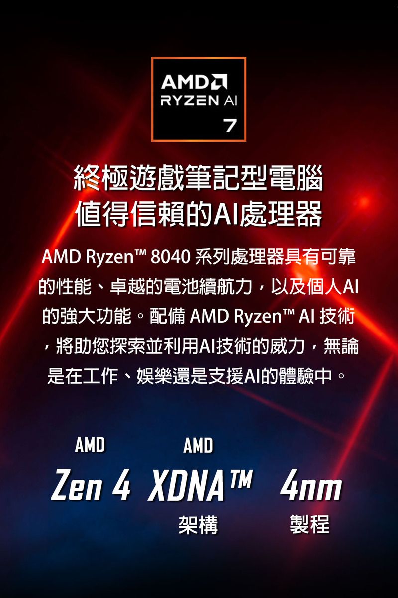 RYZEN 7終極遊戲筆記型電腦值得信賴的處理器AMD Ryzent 8040 系列處理器具有可靠的性能、卓越的電池續航力以及個人AI的強大功能。配備 AMD Ryzen™ AI 技術,將助您探索並利用AI技術的威力,無論是在工作、娛樂還是支援AI的體驗中。AMDAMDZen 4  架構製程