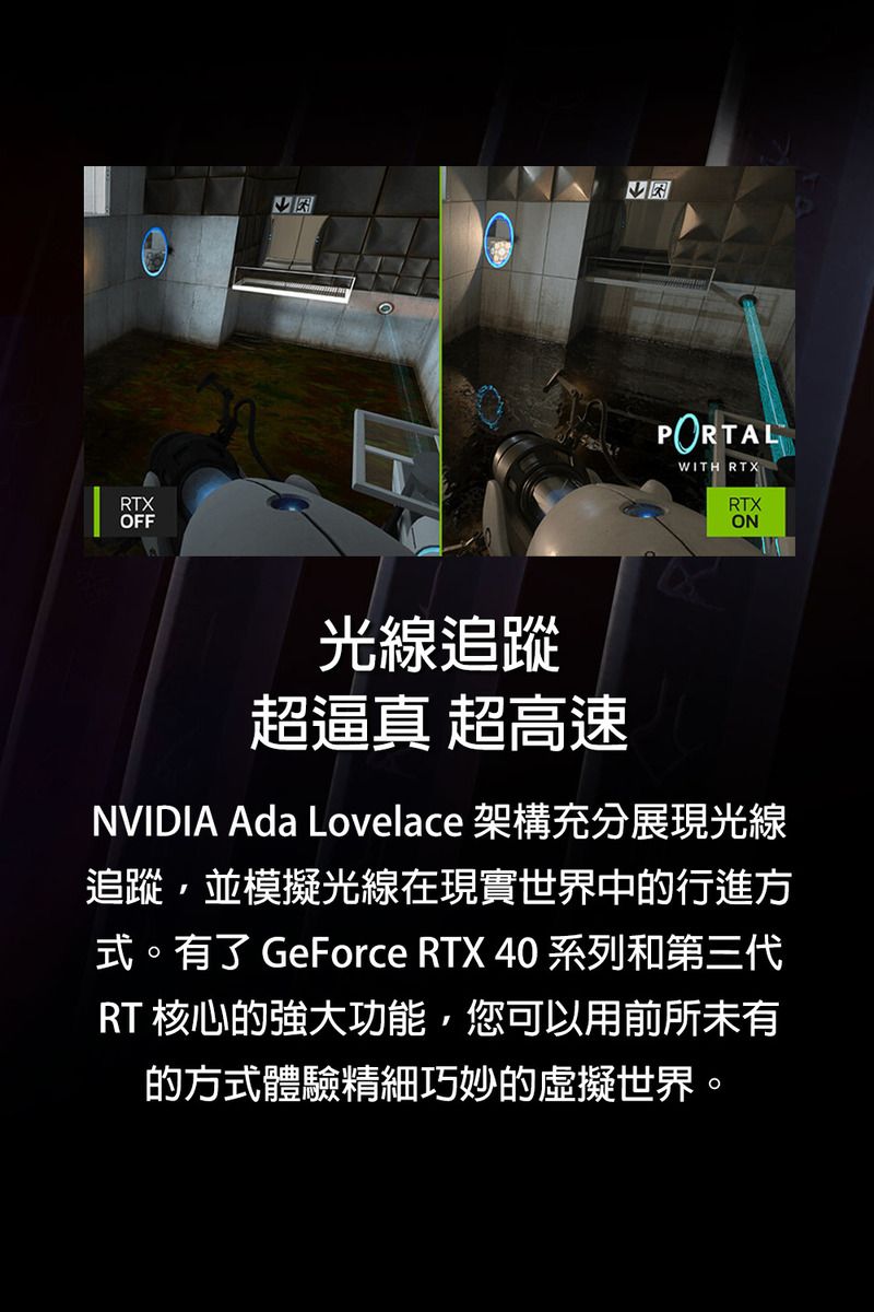 RTXOFFPORTALWITH RTXRTXON光線追蹤超逼真 超高速NVIDIA Ada Lovelace 架構充分展現光線追蹤並模擬光線在現實世界中的行進方式。有了 GeForce RTX 40 系列和第三代RT 核心的強大功能,您可以用前所未有的方式體驗精細巧妙的虛擬世界。