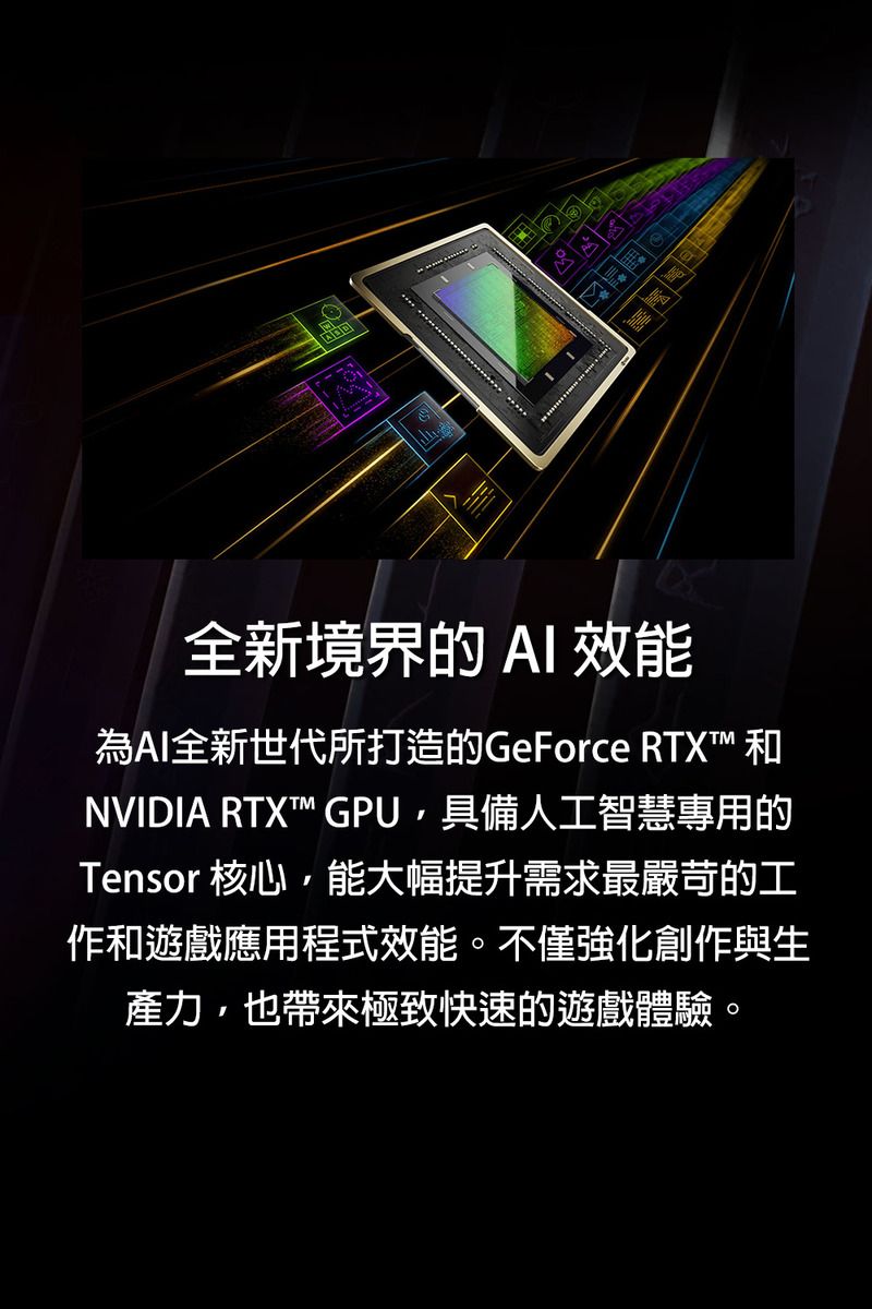 全新境界的AI 效能為AI全新世代所打造的GeForce RTX™ 和NVIDIA RTX GPU具備人工智慧專用的Tensor 核心,能大幅提升需求最嚴苛的工作和遊戲應用程式效能。不僅強化創作與生產力,也帶來極致快速的遊戲體驗。