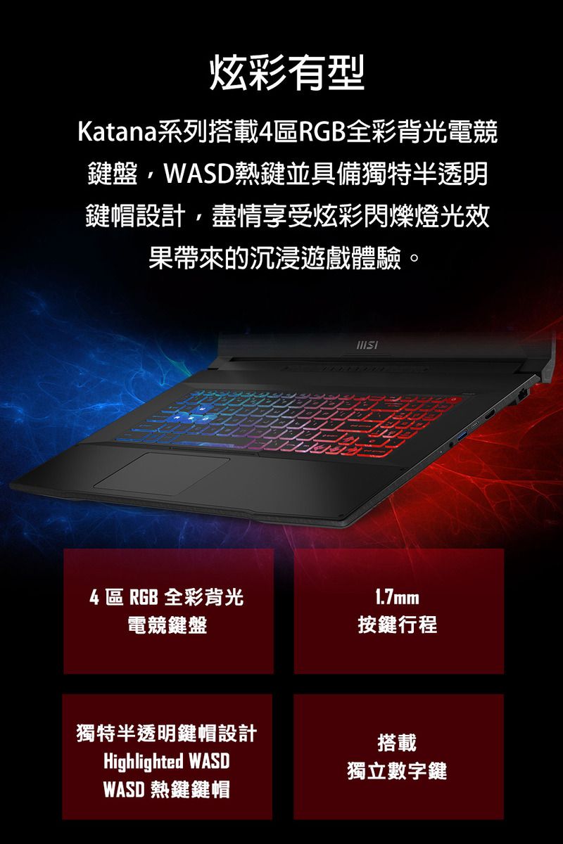 炫彩有型Katana系列搭載4RGB全彩背光電競鍵盤WASD熱鍵並具備獨特半透明鍵帽設計盡情享受炫彩閃爍燈光效帶來的沉浸遊戲體驗。4 區 RGB 全彩背光1.7mm電競鍵盤按鍵行程獨特半透明鍵帽設計Highlighted WASDWASD 熱鍵鍵帽搭載獨立數字鍵