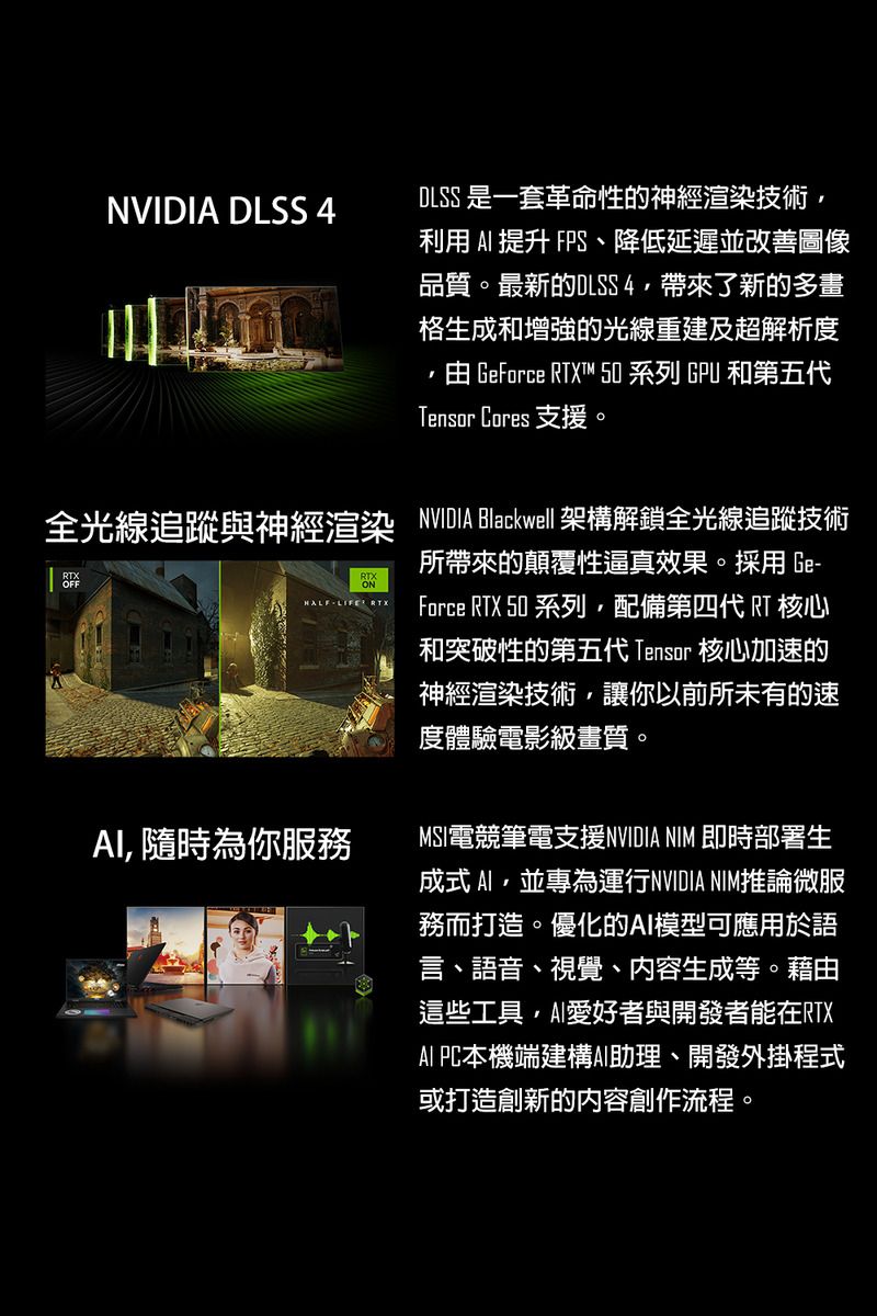 NVIDIA DLSS 4DLSS 是一套革命性的神經渲染技術利用  提升 FPS、降低延遲並改善圖像品質。最新的DLSS4帶來了新的多畫格生成和增強的光線重建及超解析度 GeForce T™ 50 系列 GPU 和第五Tensor Cores 支援。全光線追蹤與神經渲染 NVIDIA Blackwell 架構解鎖全光線追蹤技術 隨時為你服務所帶來的顛覆性逼真效果。採用 GeRTXHALF-LIFE RTXForce RTX 50 系列配備第四代RT核心和突破性的第五代 Tensor 核心加速的神經渲染技術讓你以前所未有的速度體驗電影級畫質。MSI電競筆電支援NVIDIA NIM 即時部署生成式並專為運行NVIDIA NIM推論微服務而打造。優化的模型可應用於語言、語音、視覺、内容生成等。藉由這些工具,愛好者與開發者能在RTXAI PC本機端建構AI助理、開發外掛程式或打造創新的內容創作流程。