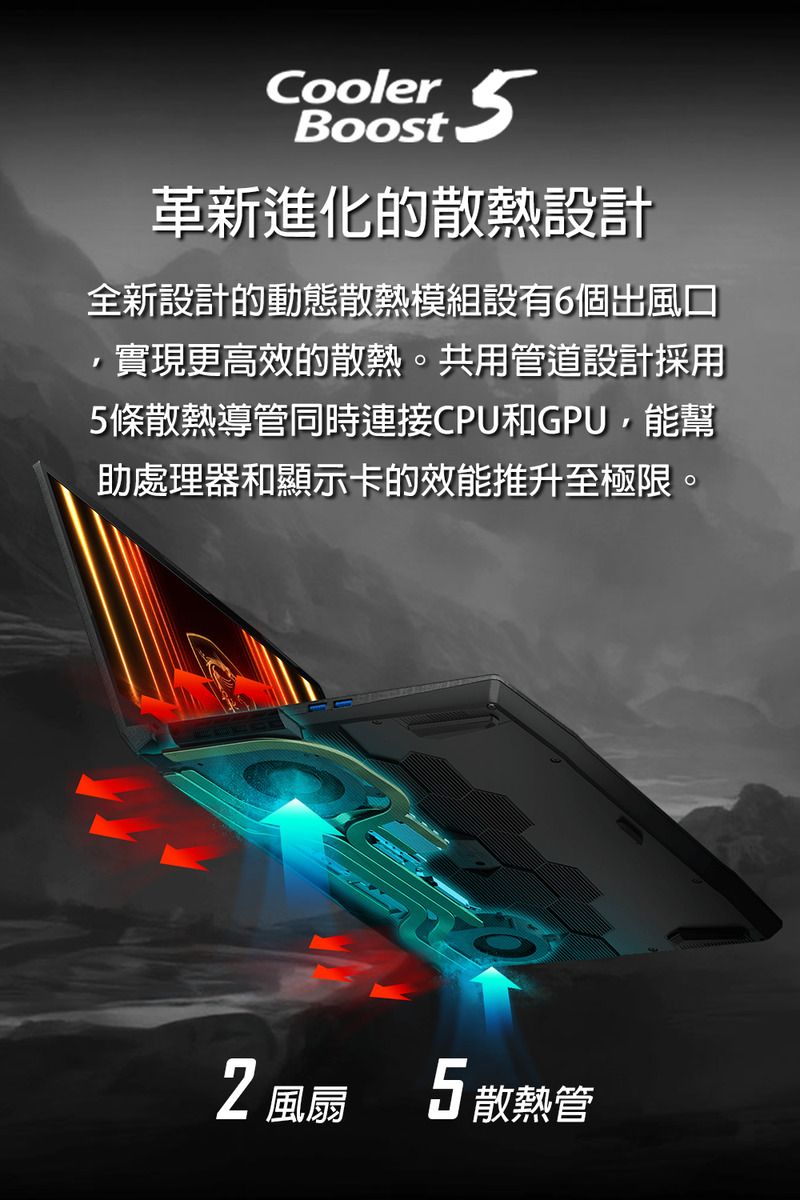Cooler 5Boost革新進化的散熱設計全新設計的動態散熱模組設有6個出風口實現更高效的散熱。共用管道設計採用5條散熱導管同時連接CPU和GPU,能幫助處理器和顯示卡的效能推升至極限。2風扇5散熱管